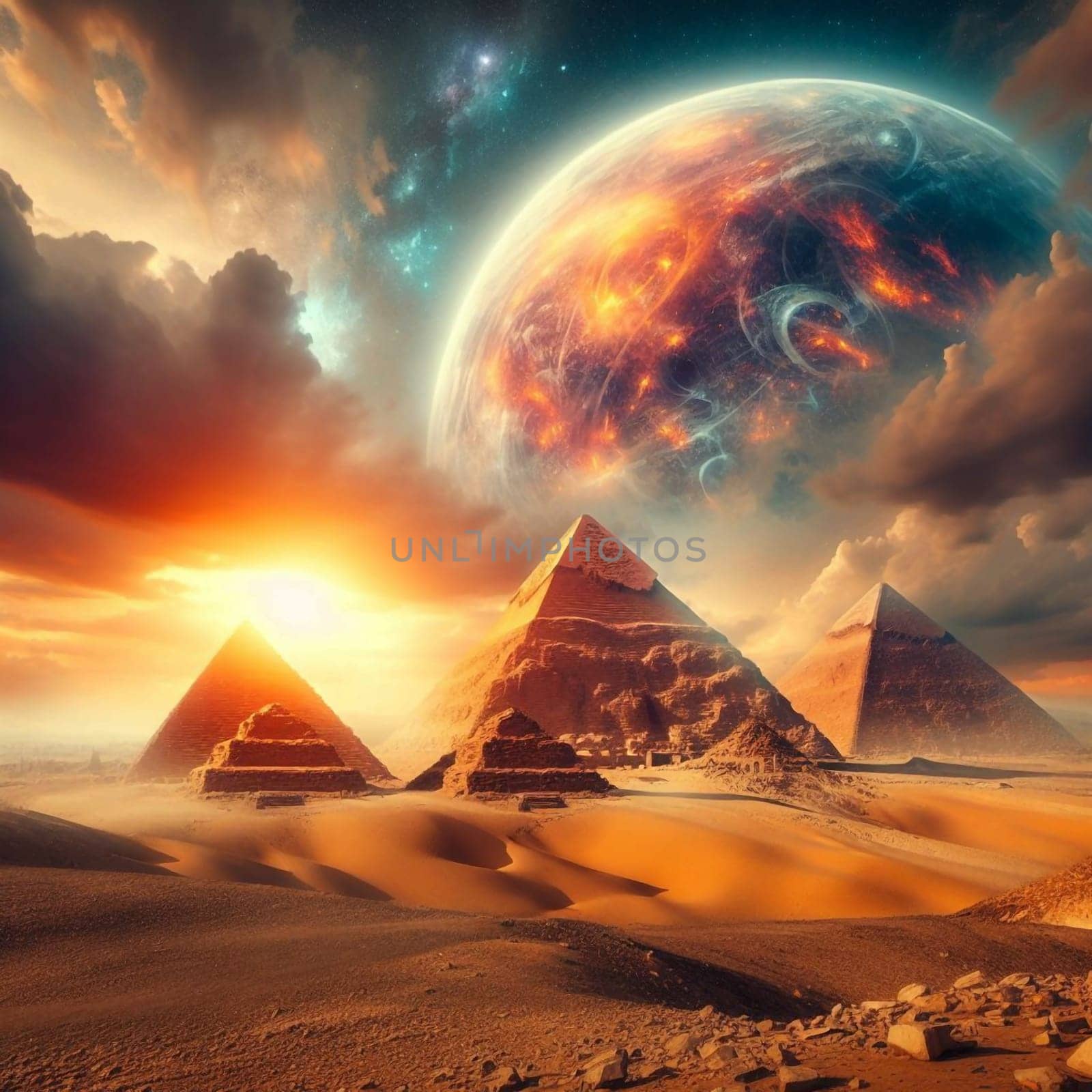 A surreal landscape combining the Giza pyramids with a fiery, cosmic planet in the background, suggesting a clash of ancient and futuristic elements. High quality AI-generated photo.
