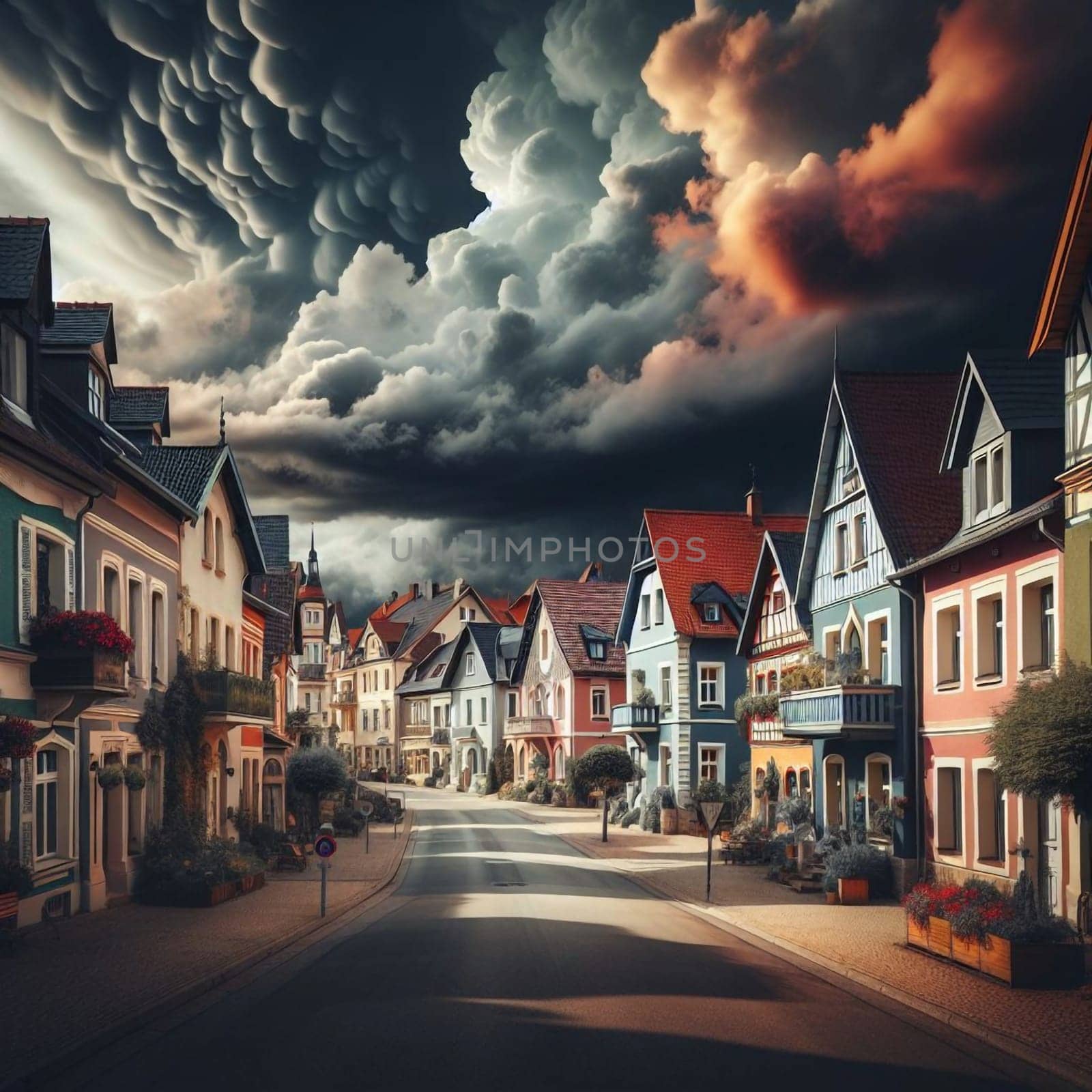 A picturesque street lined with colorful houses under a dramatic, stormy sky, creating a contrasting and captivating scene. High quality AI-generated photo.
