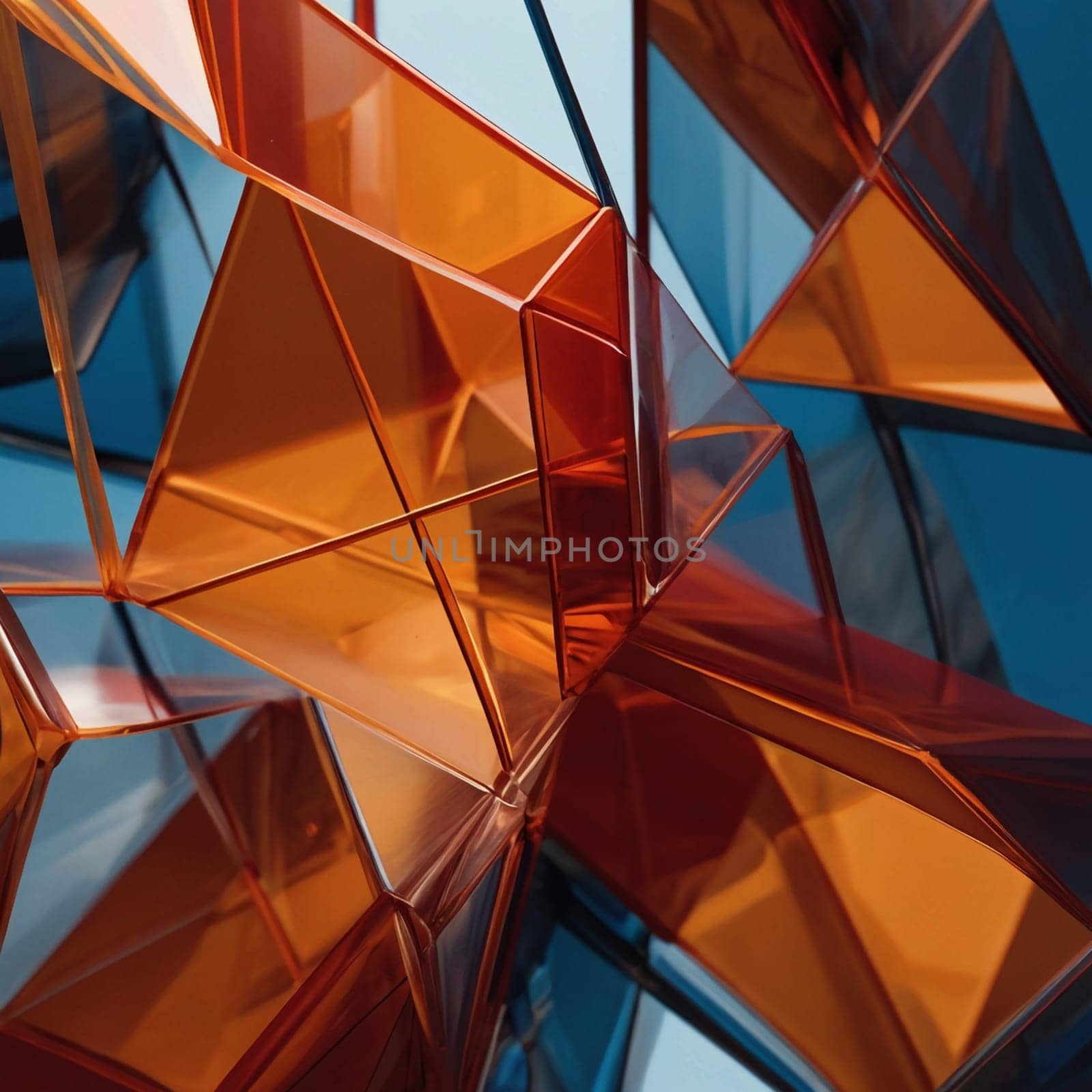 An abstract 3D rendering of a complex structure composed of intersecting transparent orange and blue geometric shapes, emphasizing light and shadow. High quality AI-generated photo.