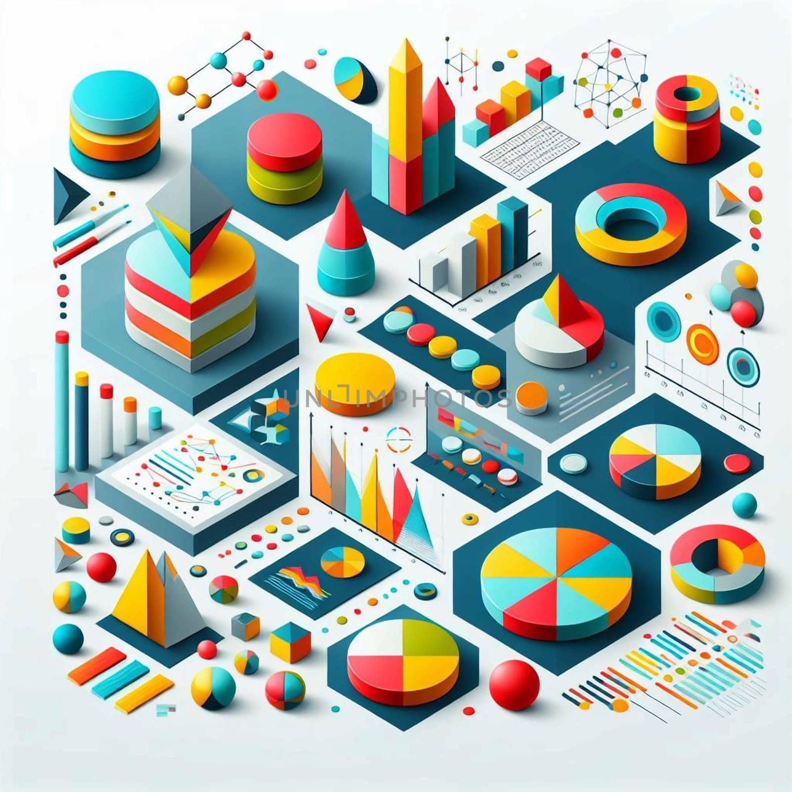 An abstract isometric illustration featuring a collection of colorful charts, graphs, and geometric shapes, representing data visualization and business analytics. High quality AI-generated photo.