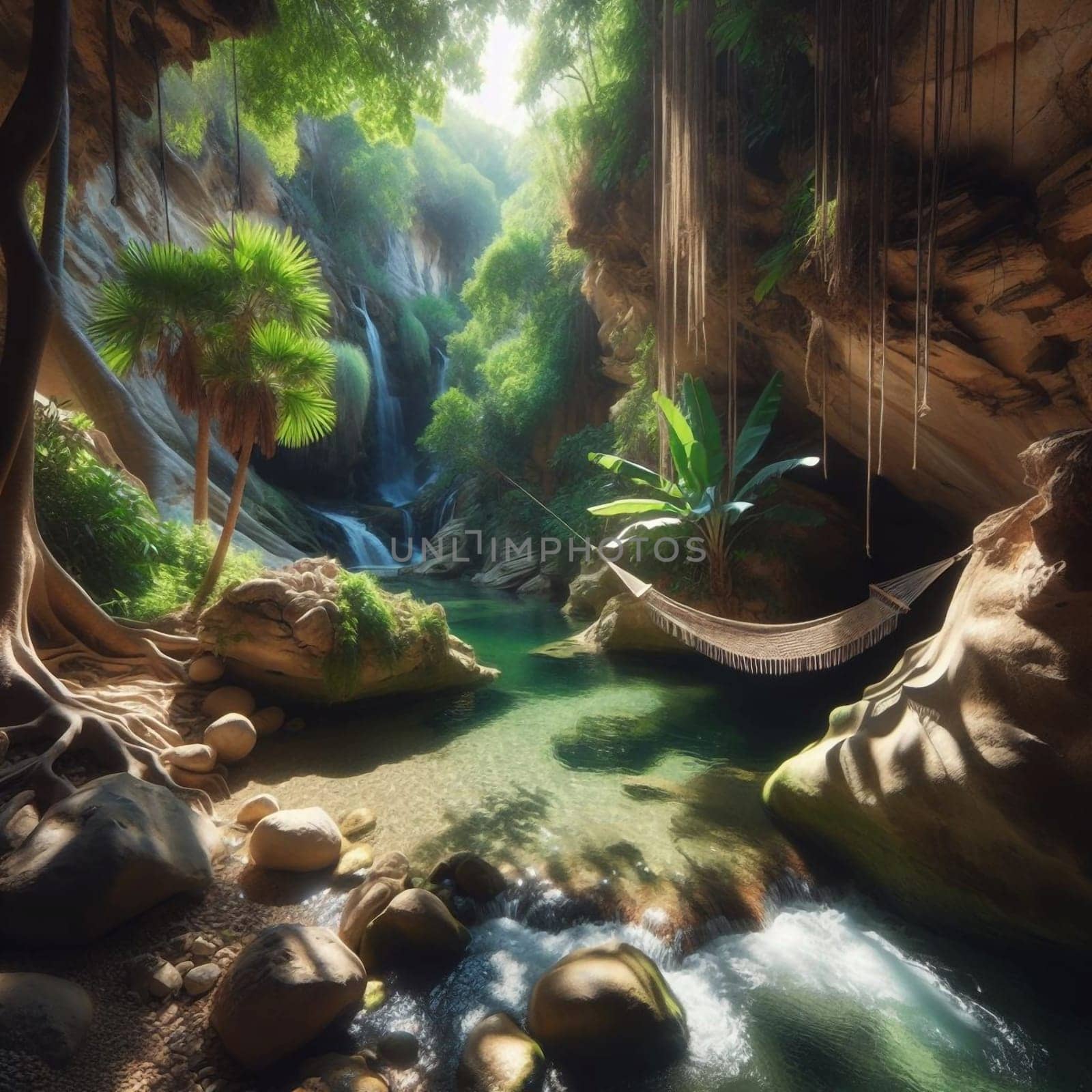 A hammock hangs in a lush, hidden grotto beside a tranquil pool of water, with a waterfall in the background, creating a secluded and peaceful scene. High quality AI-generated photo.
