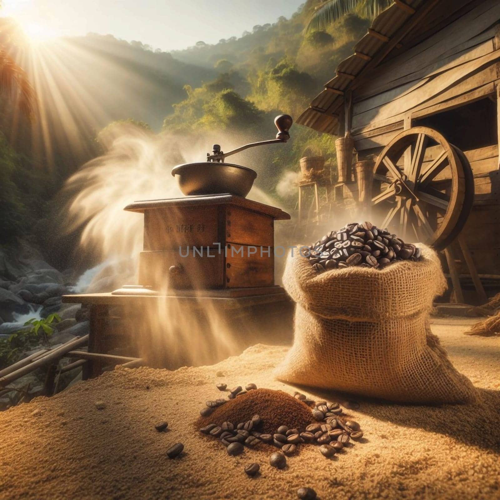 A rustic coffee grinder and burlap sack of coffee beans at a coffee plantation, with sun rays streaming through the mist and a river in the background. High quality AI-generated photo.
