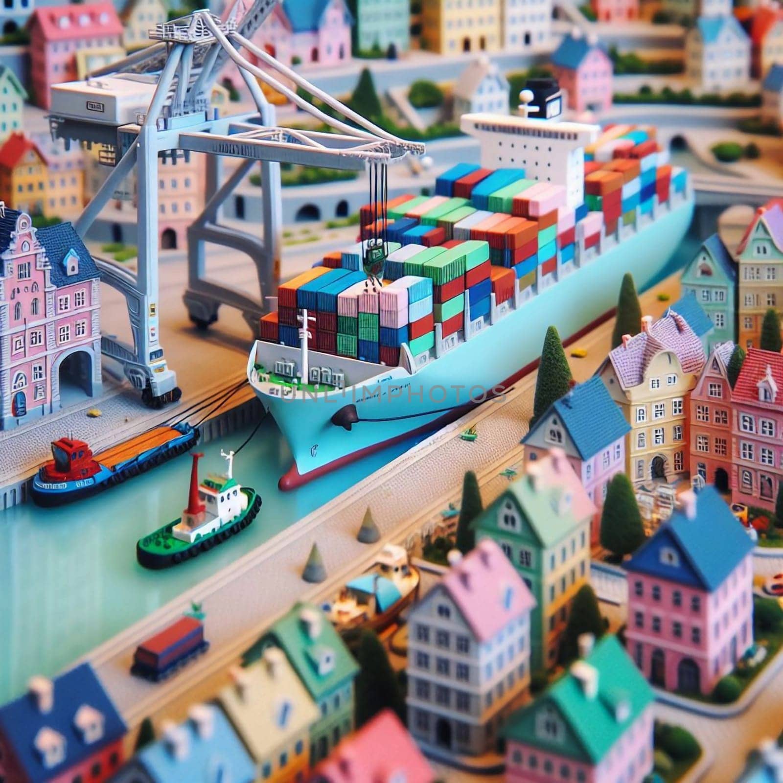 A detailed miniature model of a harbor scene with a container ship, tugboats, and colorful houses, representing global trade and shipping. High quality AI-generated photo.