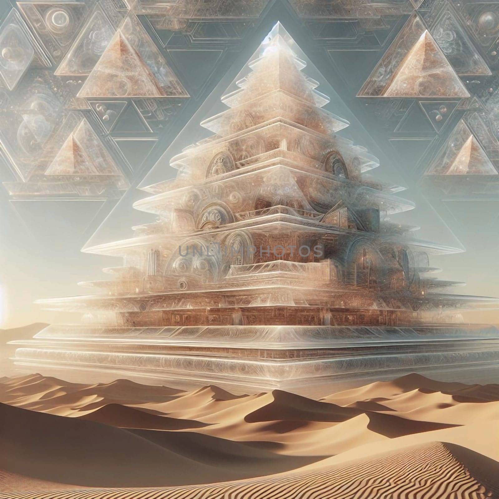 A surreal digital rendering of a layered, translucent pyramid structure in a desert landscape, combining ancient and futuristic elements. High quality AI-generated photo.