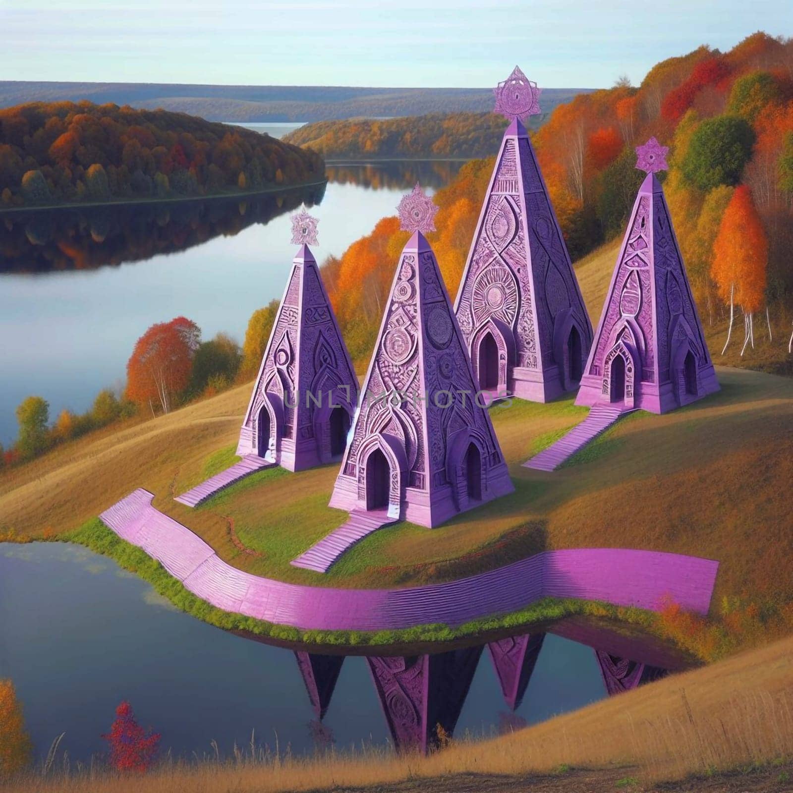 Four purple, intricately patterned structures with spire-like tops situated on a hillside next to a lake and autumn forest. High quality AI-generated photo.
