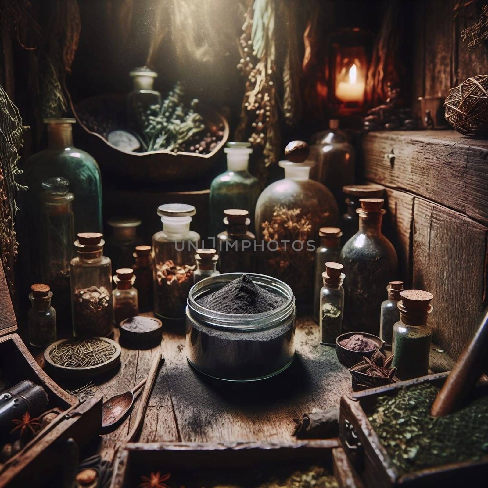 A dark and moody still life image featuring a glass jar of dark powder surrounded by various herbs, spices, and apothecary bottles in a dimly lit setting. High quality AI-generated photo.