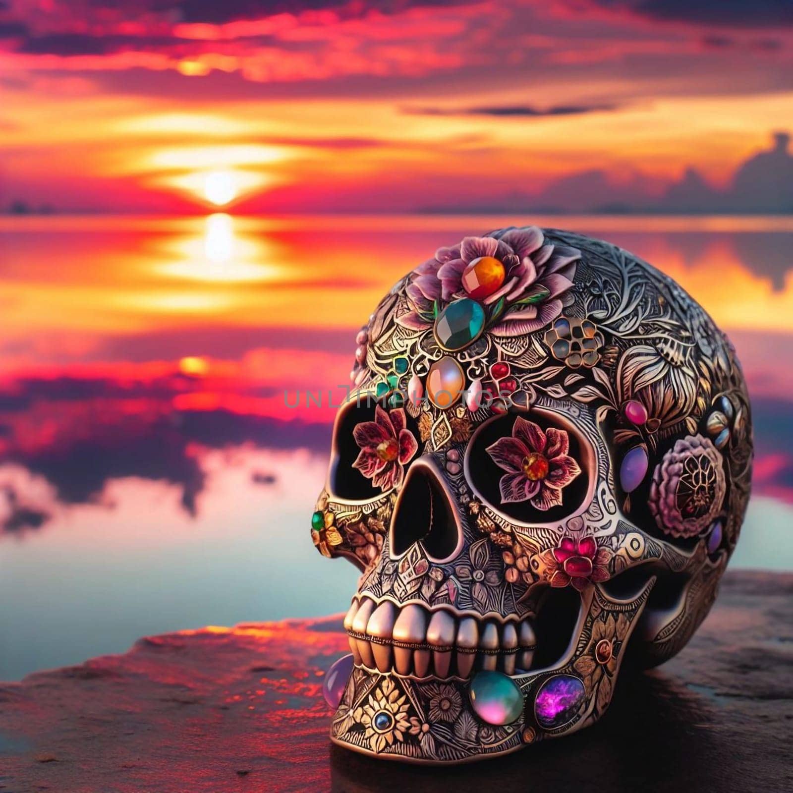 A sugar skull adorned with flowers and jewels, positioned on a rock near a vibrant sunset over water. High quality AI-generated photo.