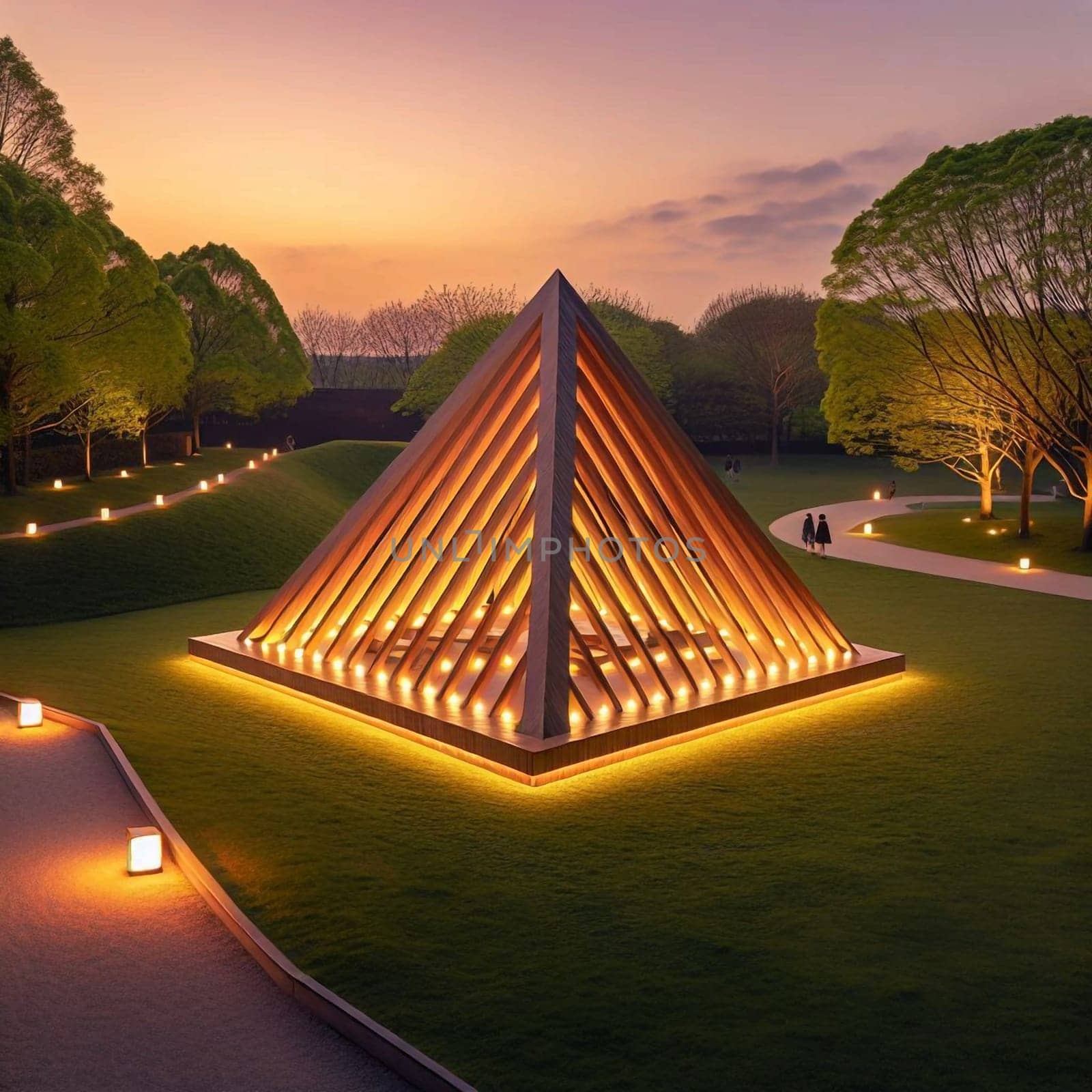 A modern, illuminated wooden pyramid structure in a park setting at sunset, representing contemporary architecture and design. High quality AI-generated photo.