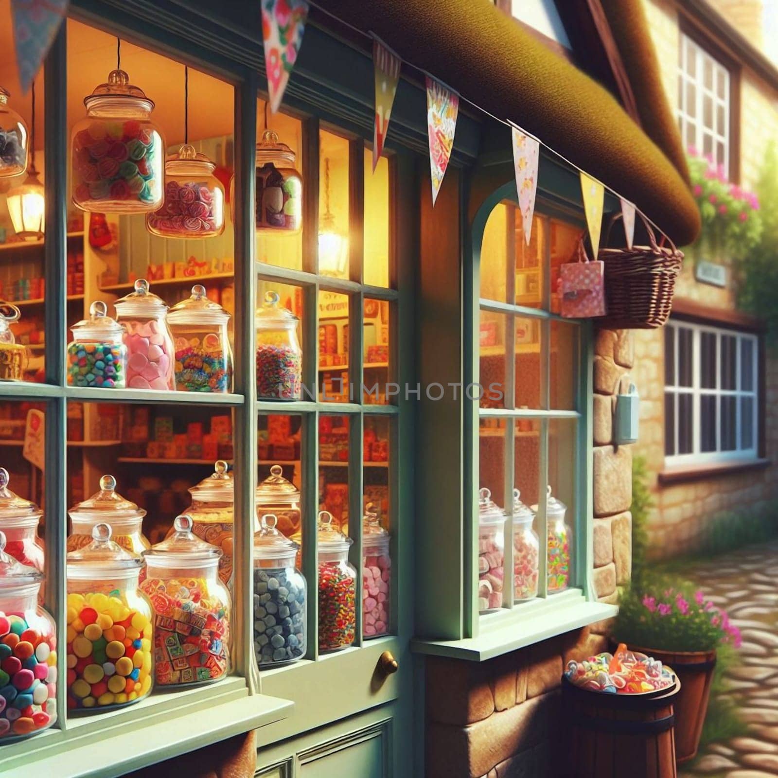 A charming illustration of a candy shop storefront with colorful candies displayed in glass jars in the window. High quality AI-generated photo.
