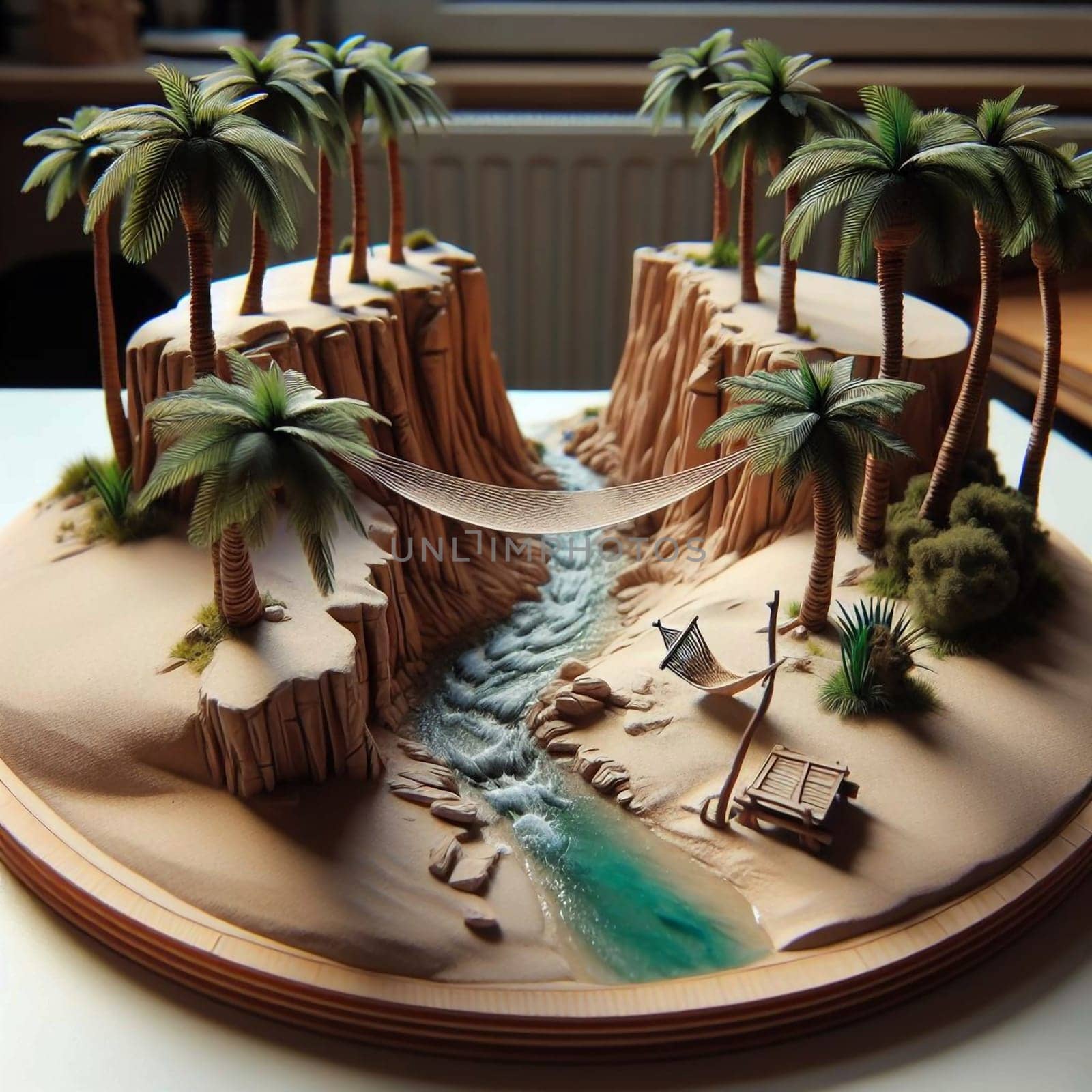 A detailed model of a miniature desert oasis with palm trees, a hammock, and a small stream, displayed on a round wooden base. High quality AI-generated photo.