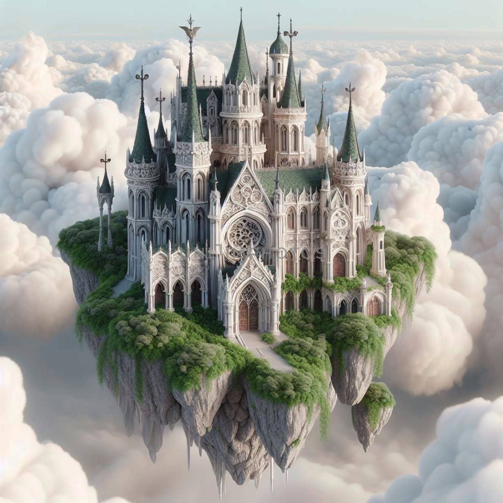 A majestic gothic-style castle perched atop a floating island in the clouds, creating a fantasy or fairytale scene. High quality AI-generated photo.
