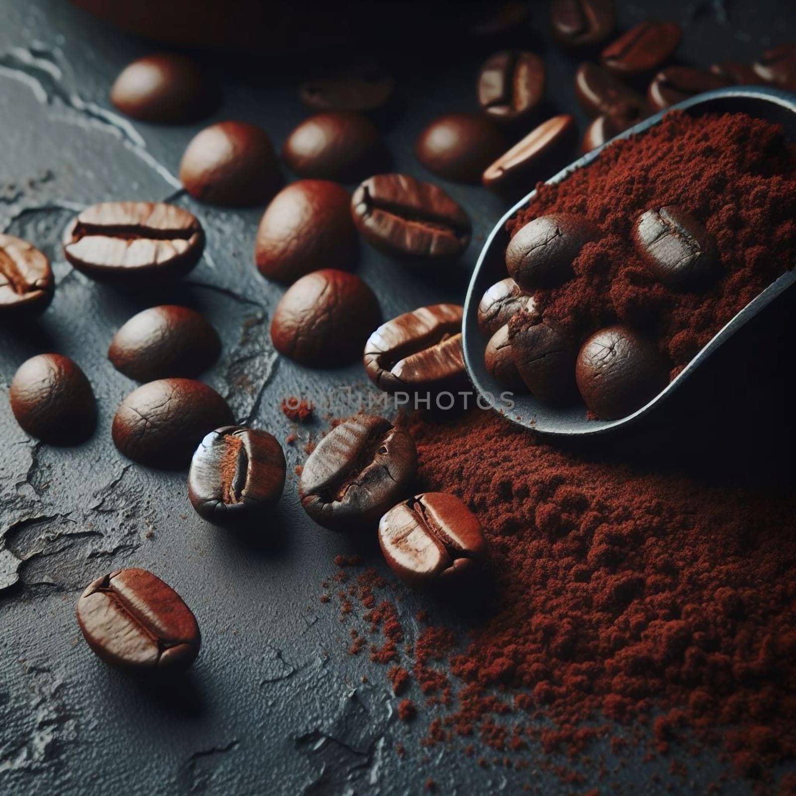 Close-up shot of roasted coffee beans and ground coffee powder in a black scoop, emphasizing texture and rich color. High quality AI-generated photo.
