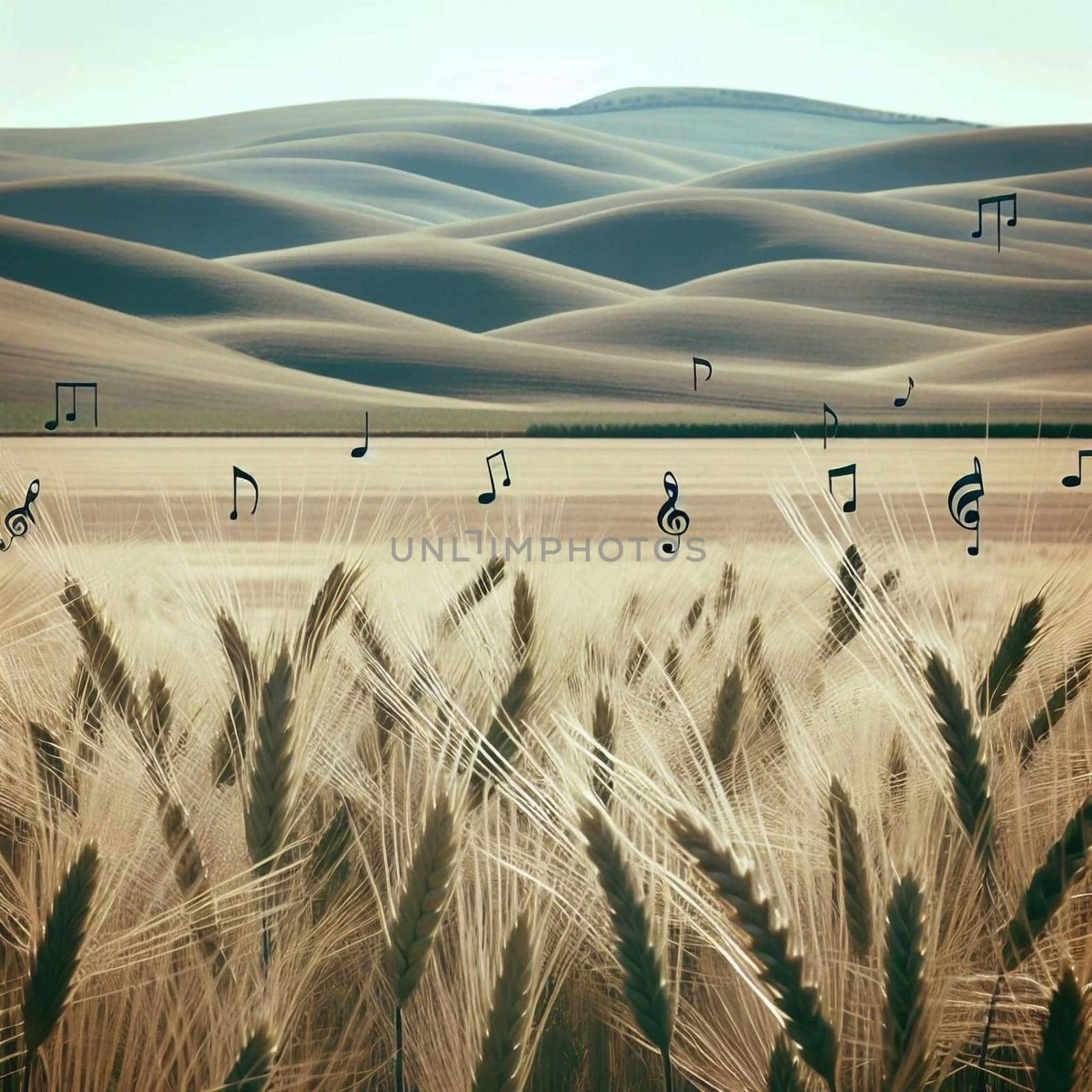 A field of wheat with musical notes superimposed, creating a peaceful and artistic image evoking a sense of harmony. High quality AI-generated photo.