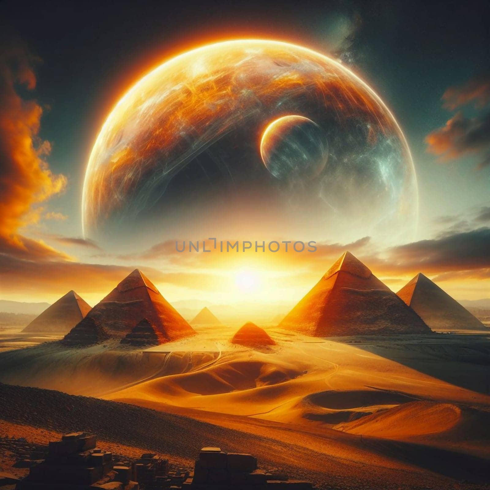 A surreal digital art piece depicting the Giza pyramids under a fiery, cosmic sky with a large planet looming overhead. High quality AI-generated photo.