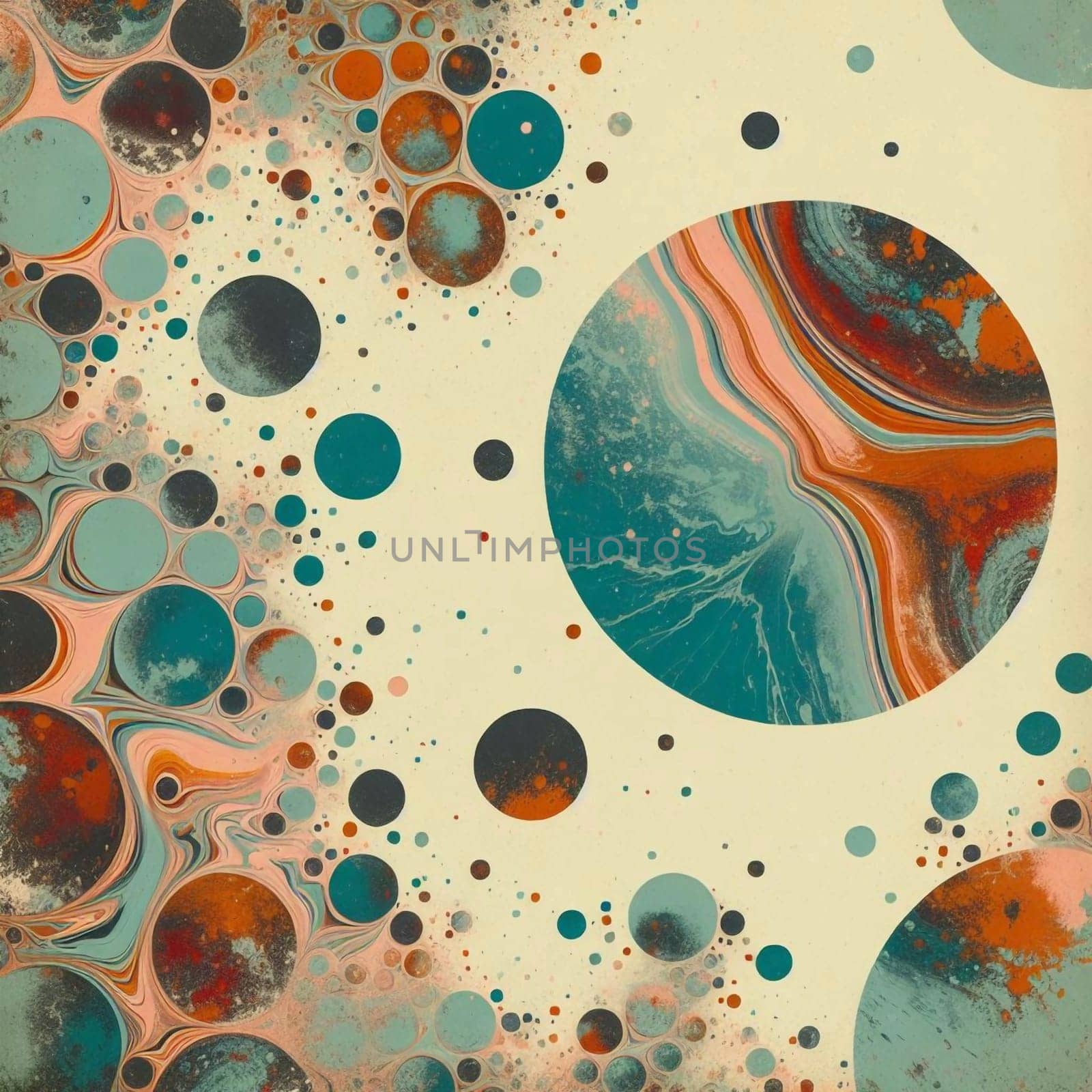 An abstract image featuring a blend of swirling colors and circular shapes, resembling a cosmic nebula or fluid painting. High quality AI-generated photo.
