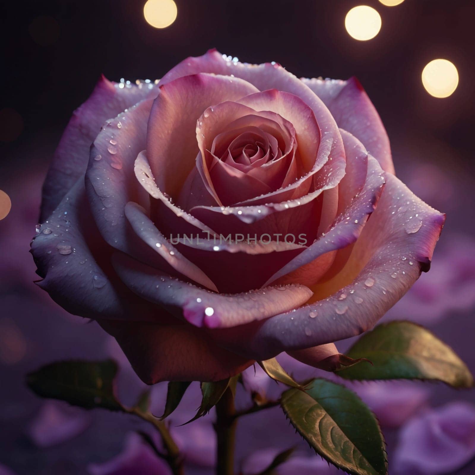 A single, dark pink rose with water droplets on its petals, set against a bokeh background of blurry lights. High quality AI-generated photo.