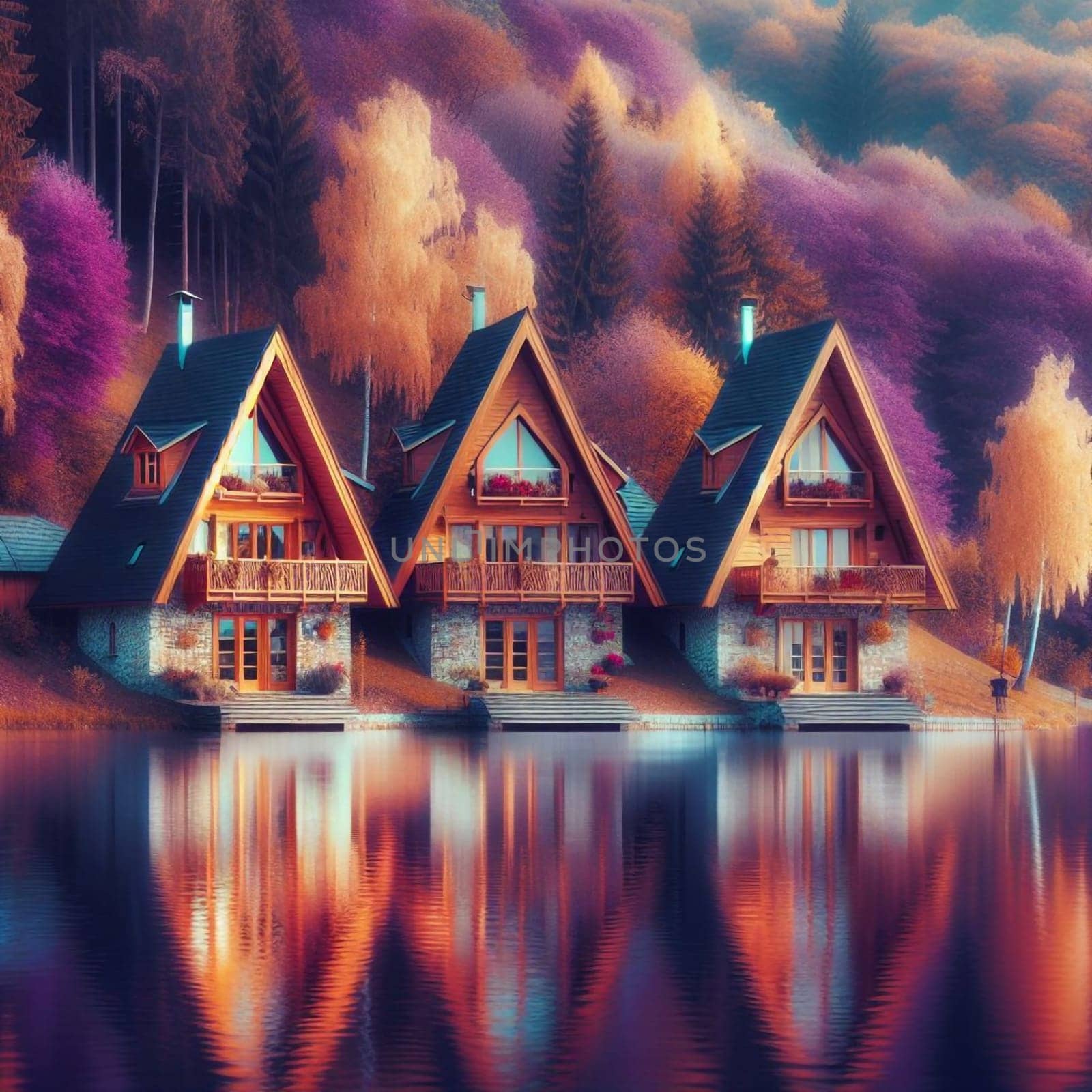 Three identical A-frame houses situated on a lakeshore, reflected in the calm water, with a colorful autumn forest backdrop. High quality AI-generated photo.