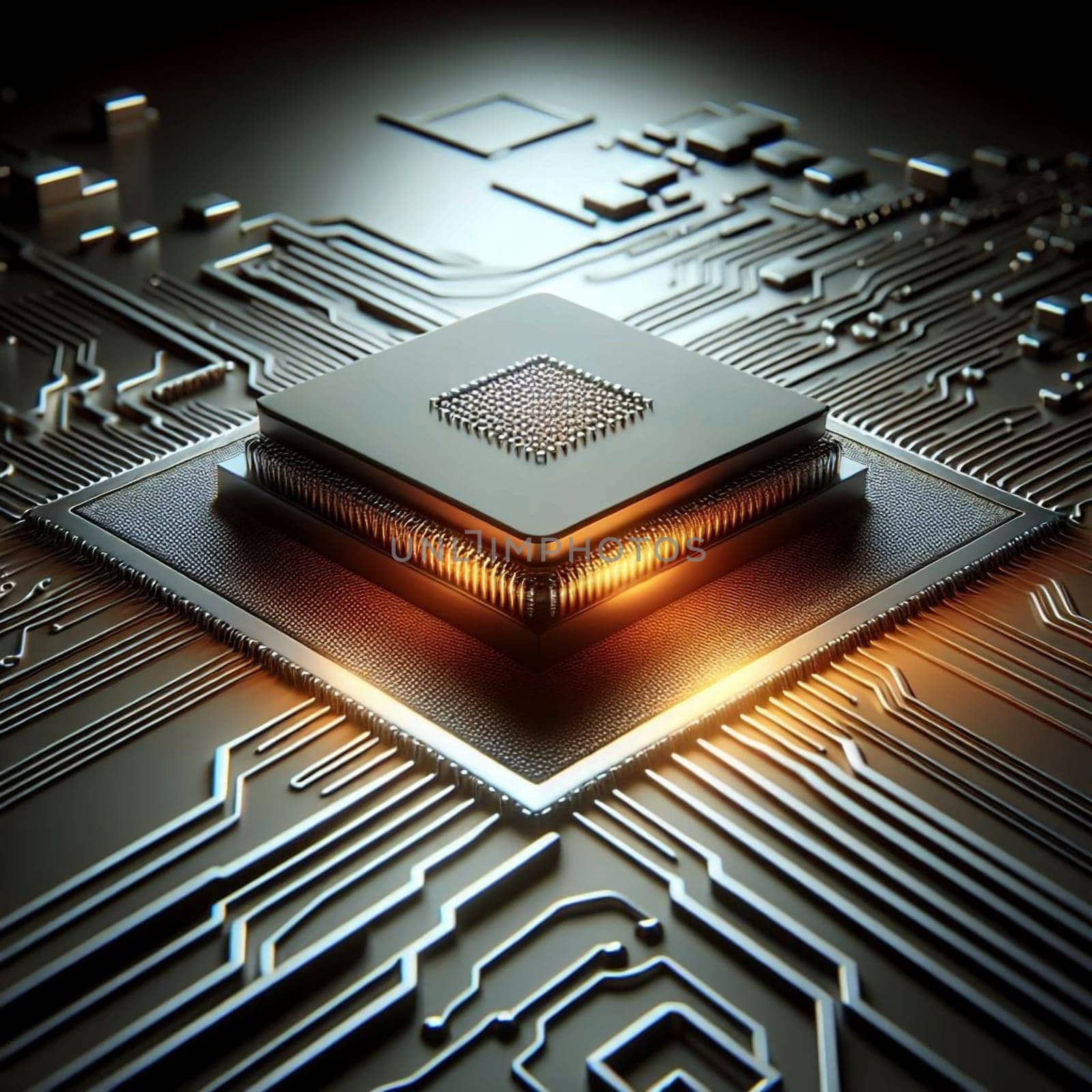 Close-up of a central processing unit (CPU) on a circuit board, with warm light emanating from beneath. High quality AI-generated photo.