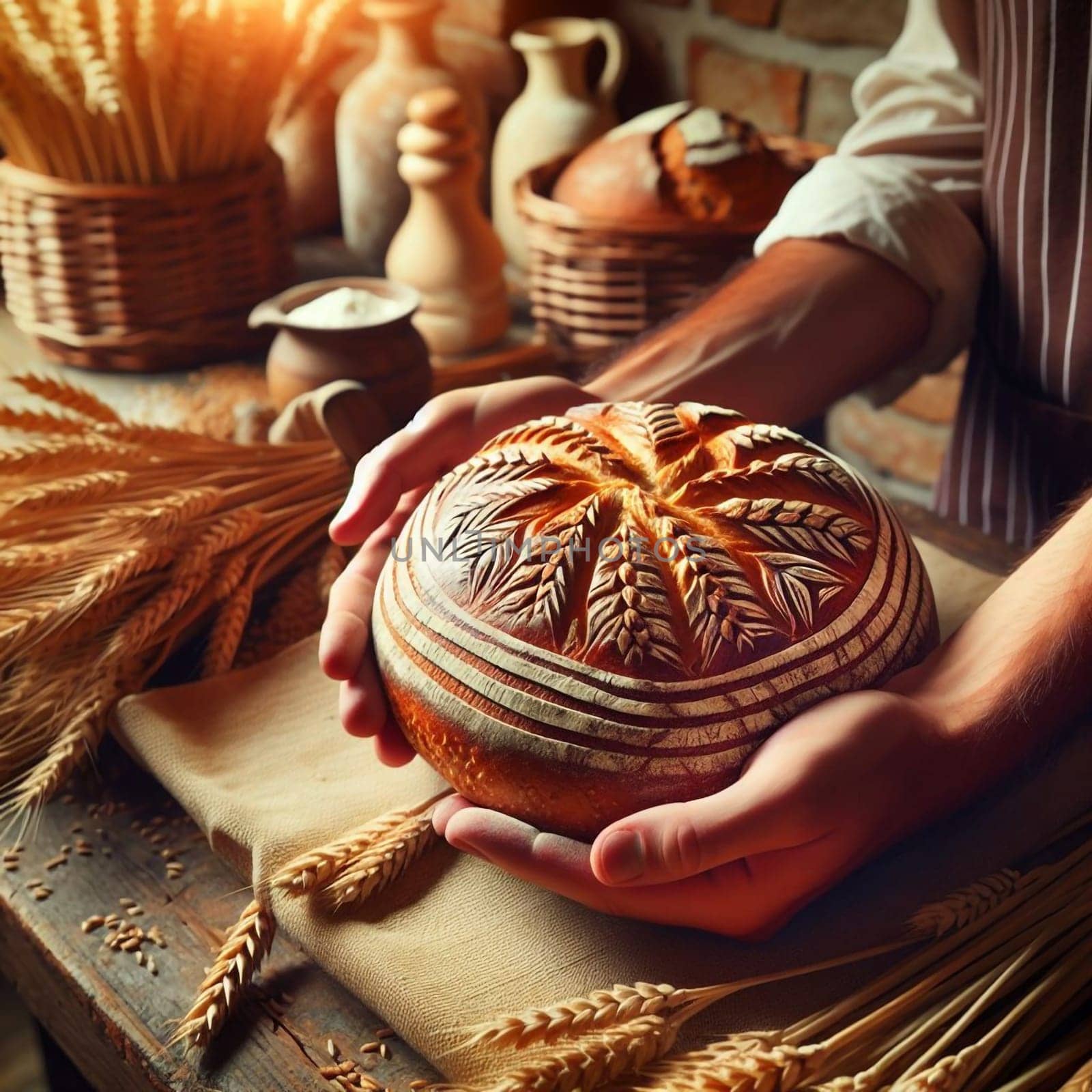 A baker's hands carefully hold a freshly baked artisan bread loaf with intricate leaf scoring, surrounded by wheat stalks and rustic bakery elements. High quality AI-generated photo.