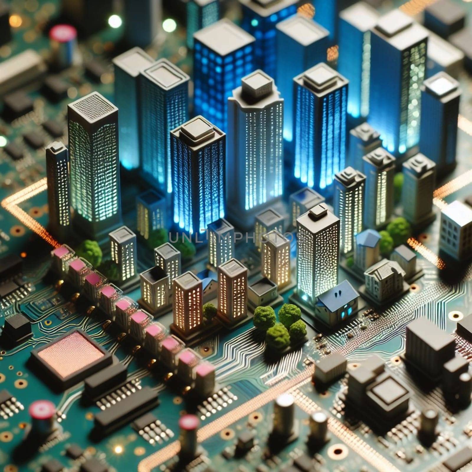 A miniature city built on a circuit board, symbolizing the concept of smart cities and technological integration. High quality AI-generated photo.