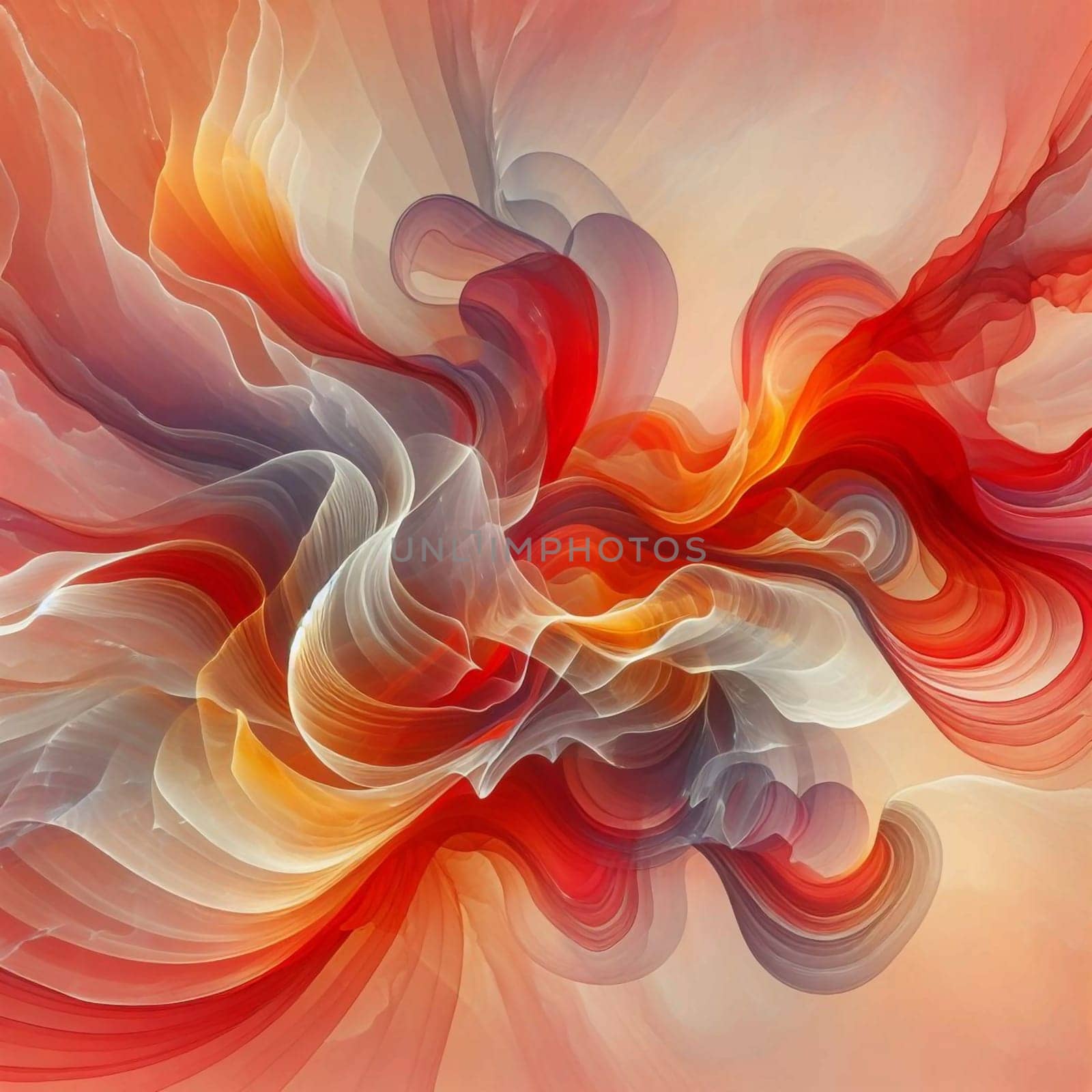An abstract digital art piece featuring flowing, translucent forms in shades of red, orange, and white, creating a dynamic and ethereal image. High quality AI-generated photo.