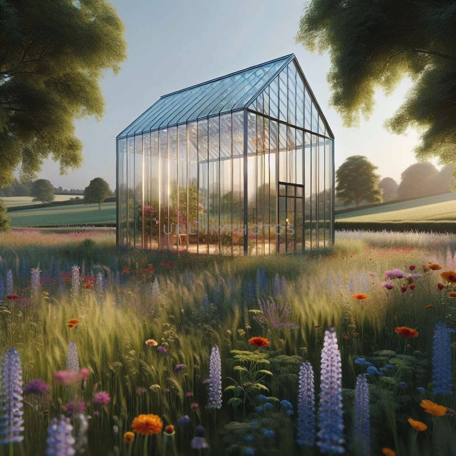 A glass greenhouse surrounded by a wildflower meadow, bathed in soft sunlight, creating a serene and idyllic scene. High quality AI-generated photo.