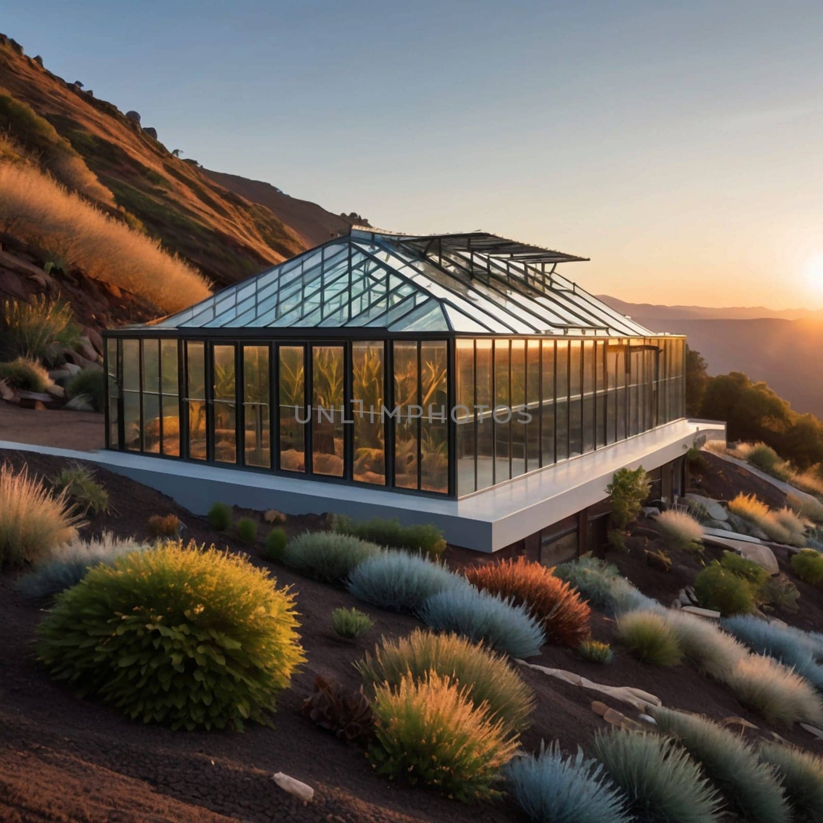 A modern glass greenhouse situated on a hillside, overlooking a stunning sunset over a mountainous landscape. High quality AI-generated photo.