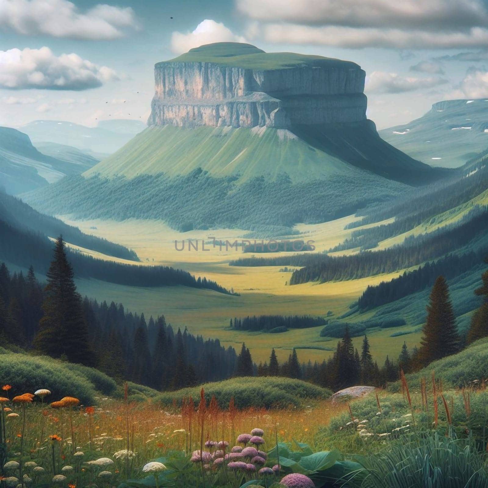A digital rendering of a majestic mountain peak in a lush green valley, creating a breathtaking and serene landscape. High quality AI-generated photo.