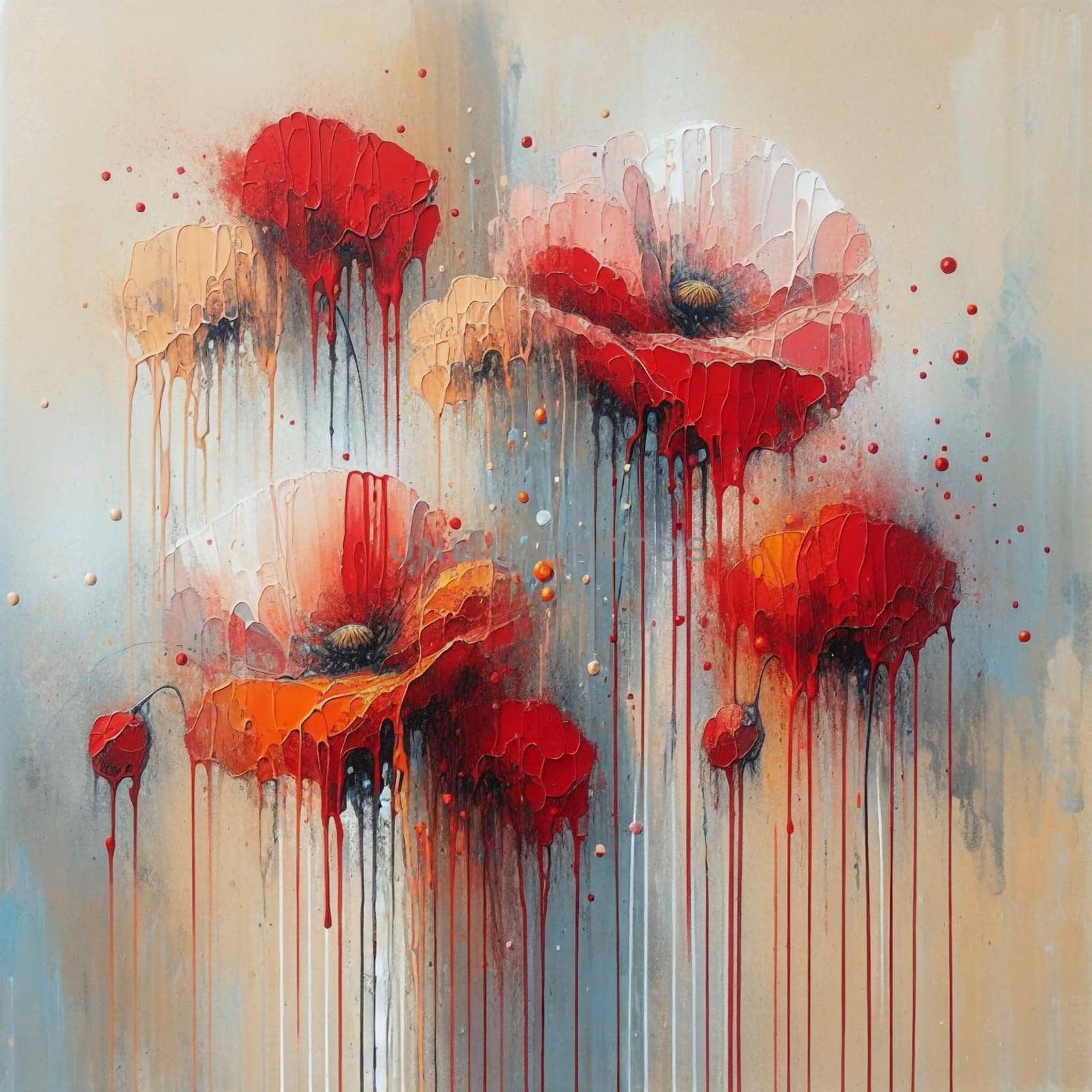 A painting of poppies with dripping paint effects, showcasing a blend of realism and abstract expressionism. High quality AI-generated photo.