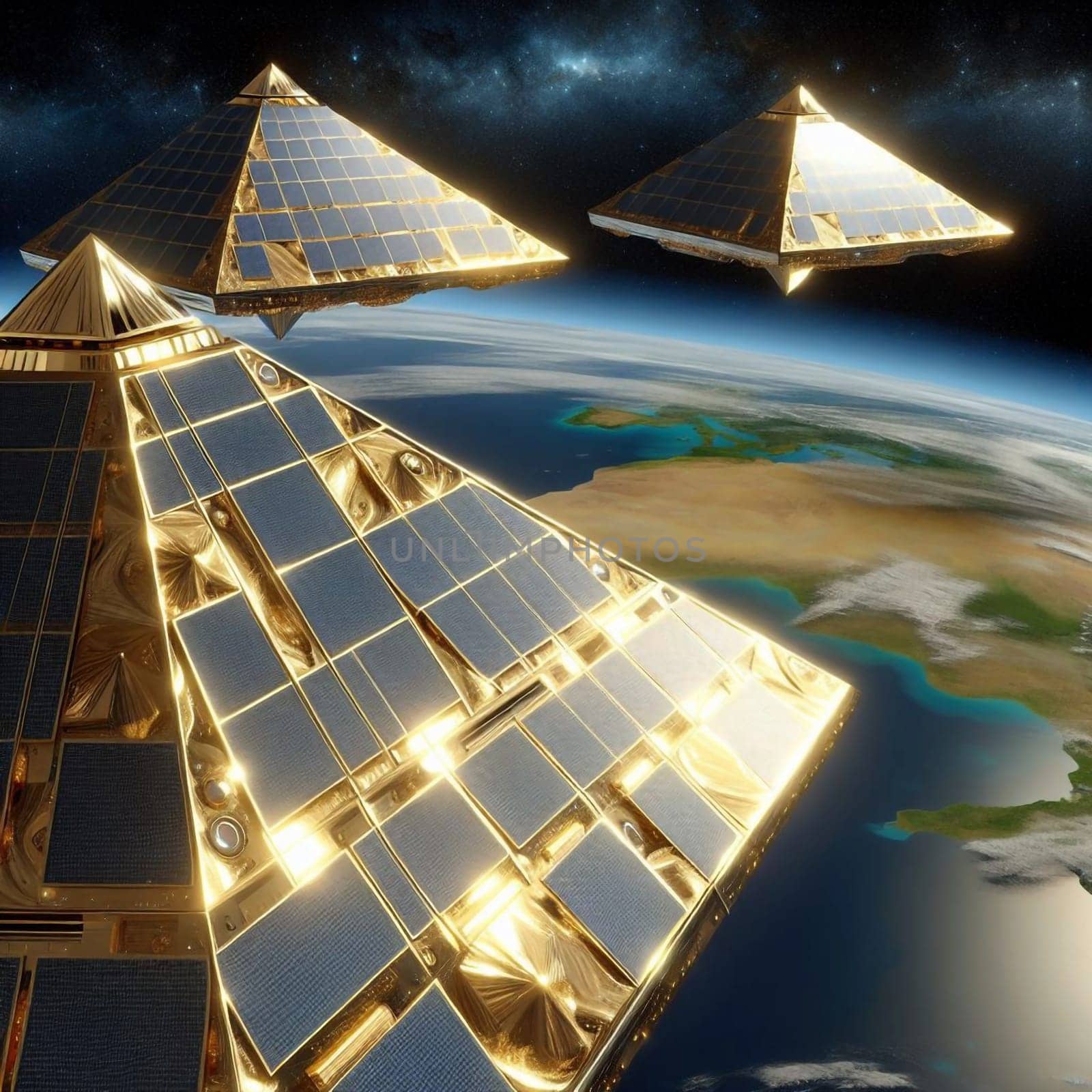 Three golden pyramid-shaped spacecraft orbiting Earth, showcasing futuristic technology and space exploration. High quality AI-generated photo.