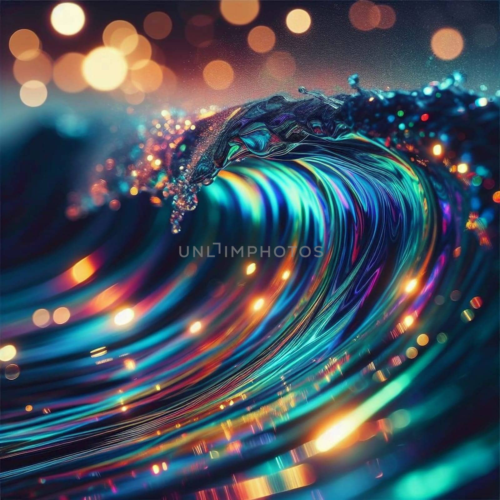 A stylized, iridescent wave with vibrant colors and bokeh lights, creating a dynamic and surreal image. High quality AI-generated photo.