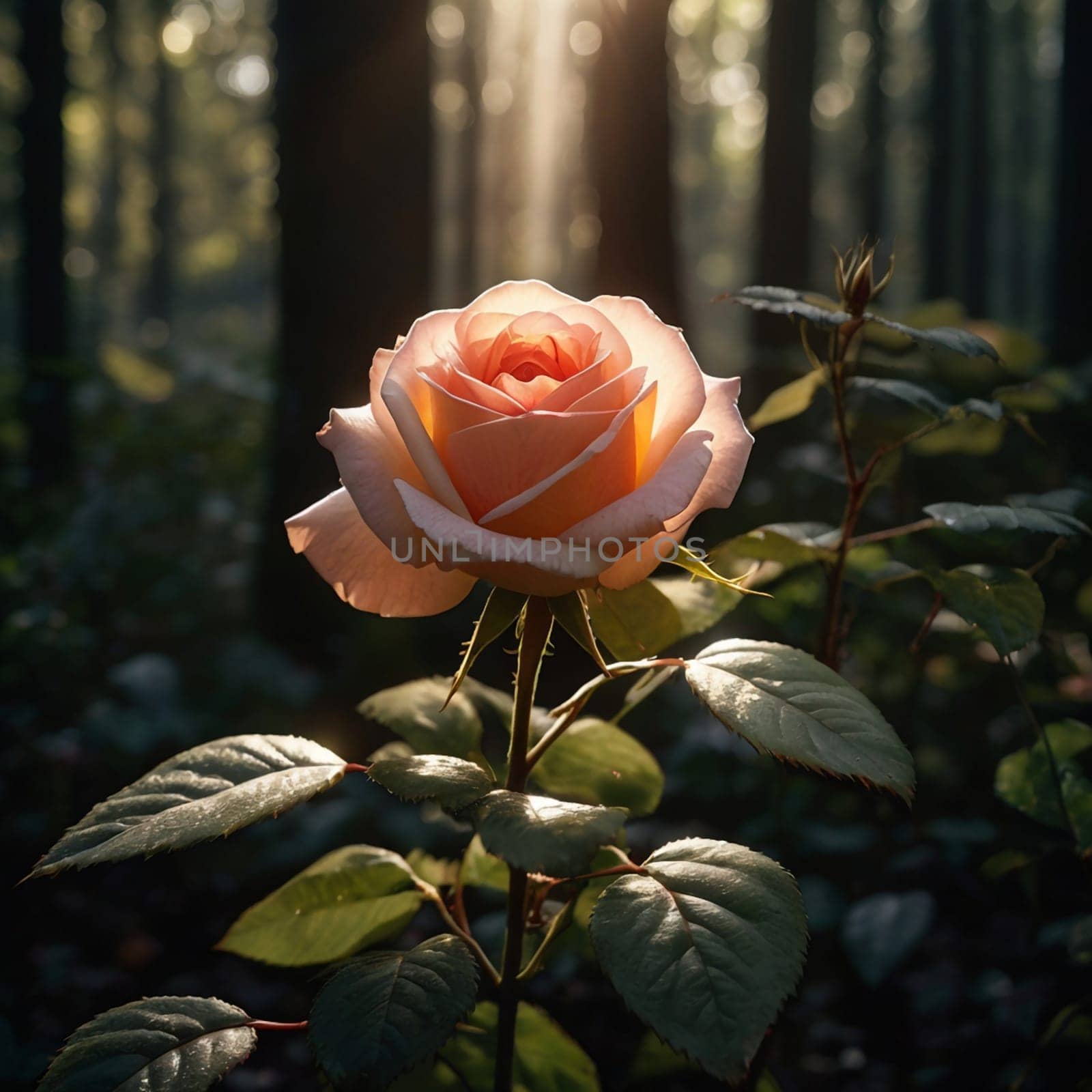 A single peach-colored rose in full bloom, bathed in sunlight filtering through the trees in a forest setting. High quality AI-generated photo.