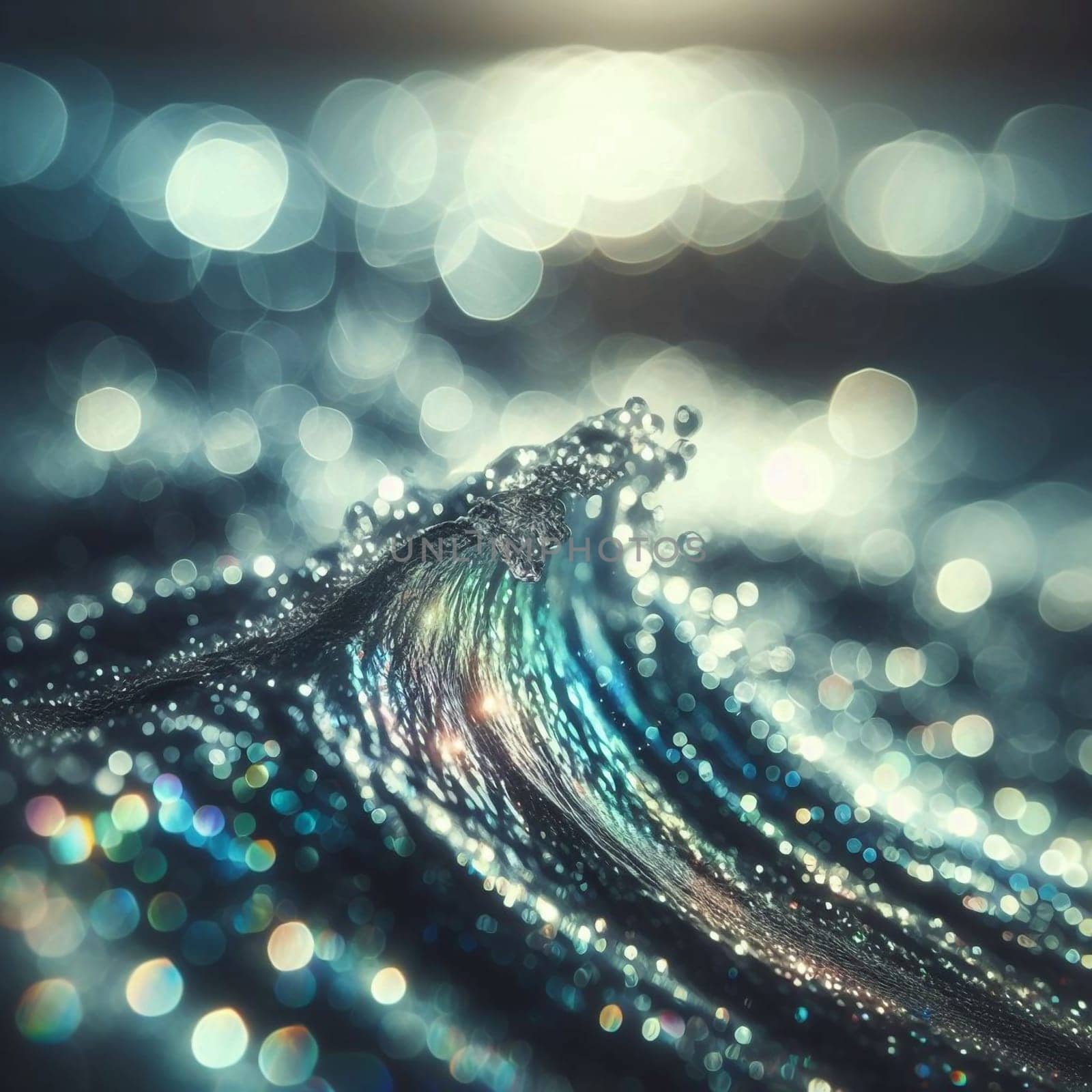 A close-up of a shimmering wave with iridescent highlights, set against a bokeh background of blurry lights. High quality AI-generated photo.