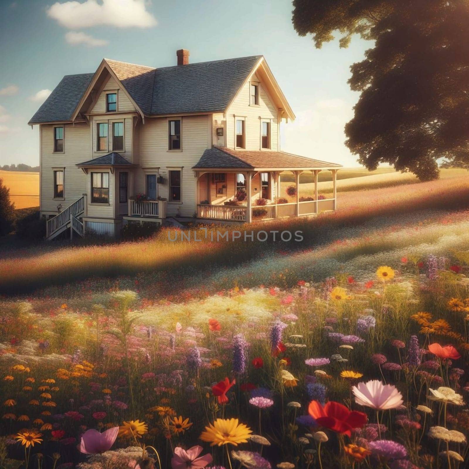 A charming farmhouse nestled in a colorful wildflower field, with golden sunlight and a tranquil countryside setting. High quality AI-generated photo.