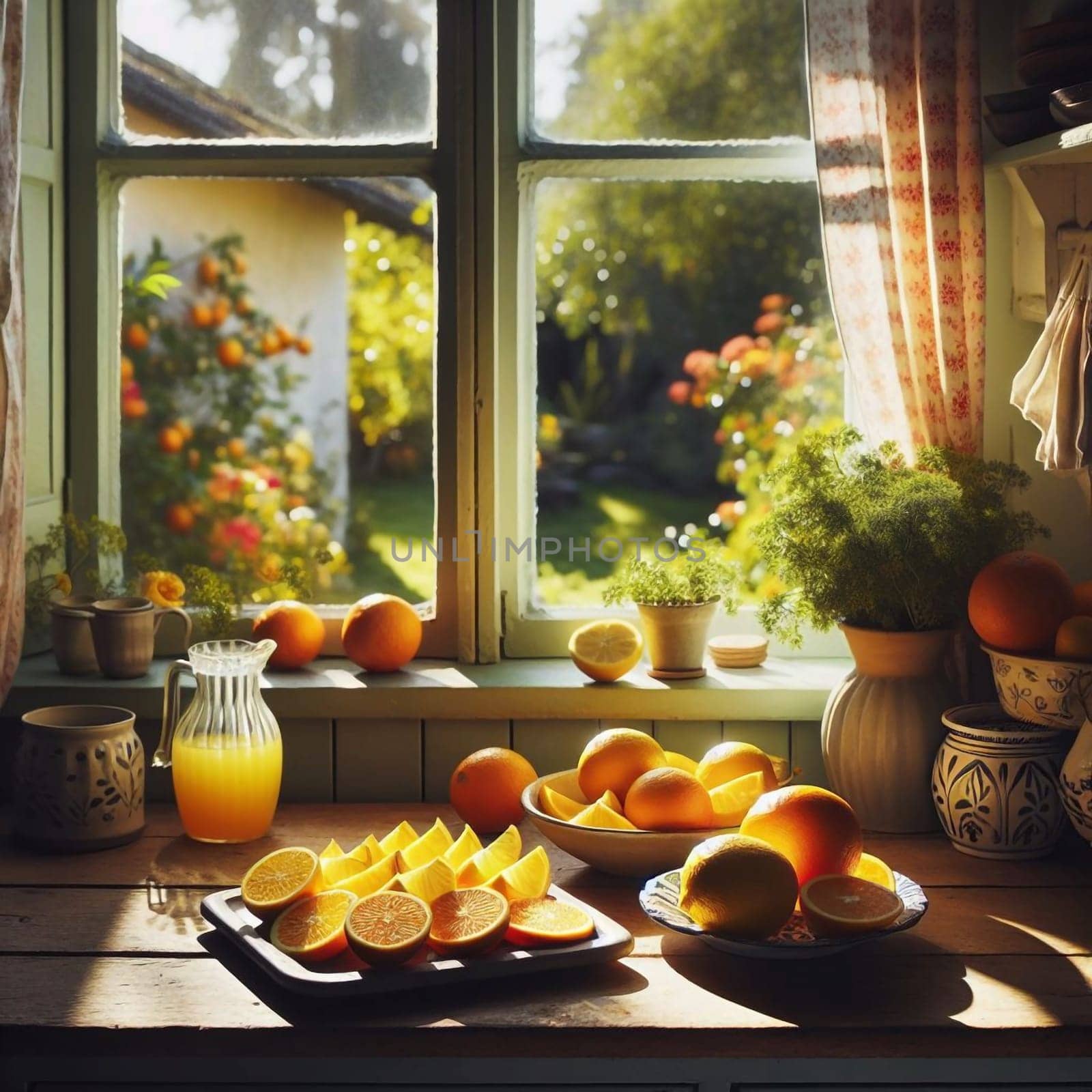 A still life featuring sliced oranges and a pitcher of orange juice on a rustic wooden table by a sunlit window, creating a fresh and inviting scene. High quality AI-generated photo.