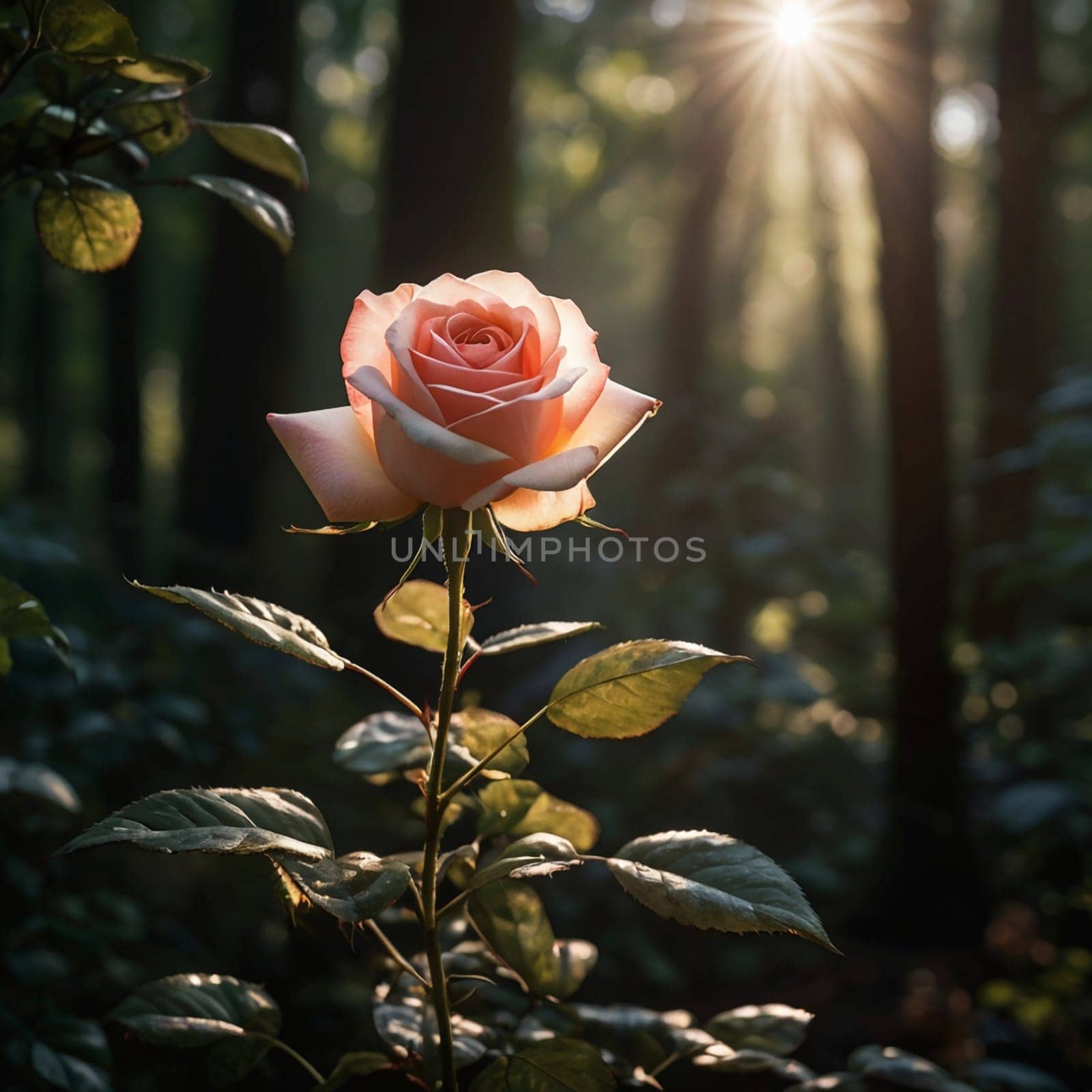 A single peach-colored rose in full bloom, bathed in sunlight filtering through a forest. High quality AI-generated photo.