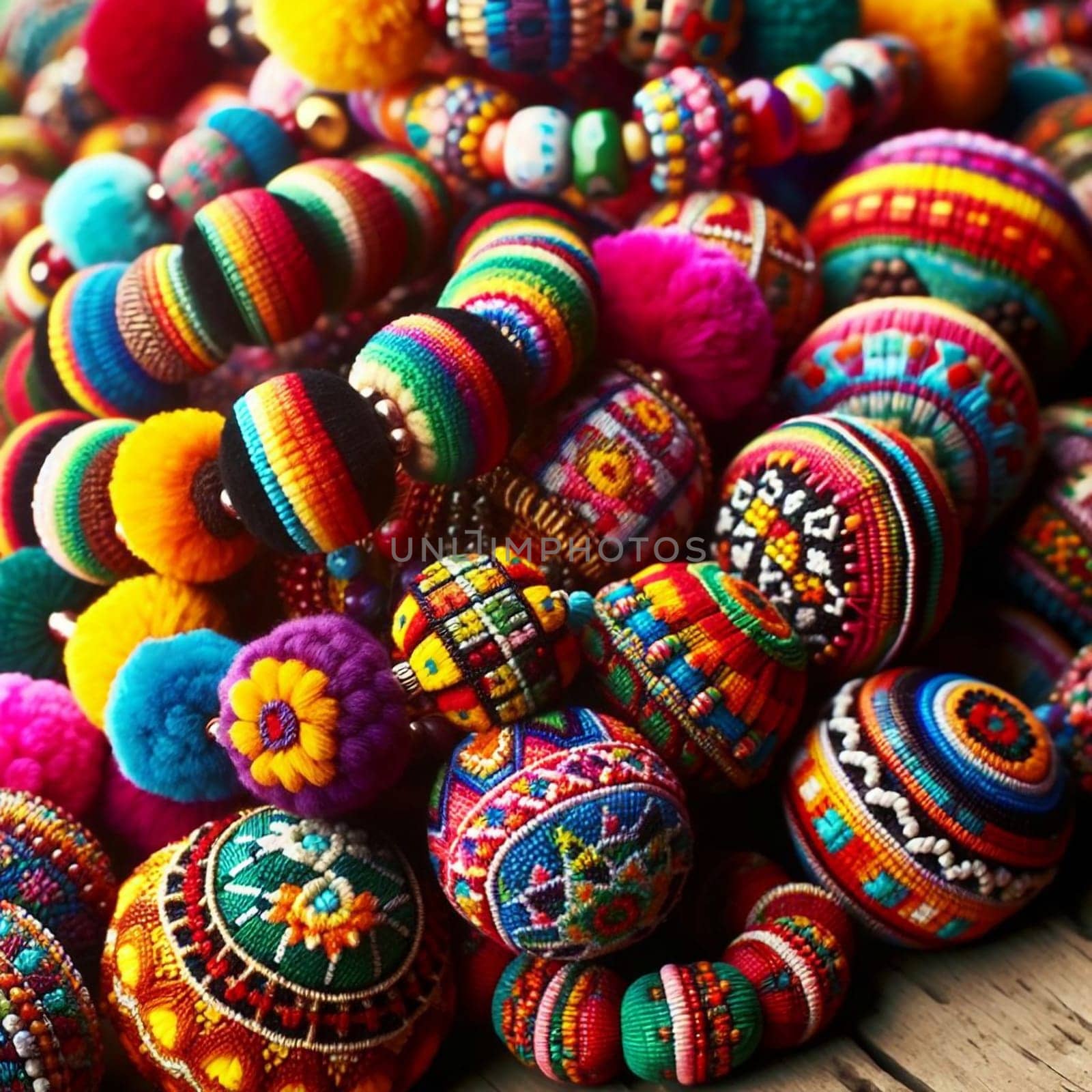 A collection of colorful, handcrafted beaded necklaces and jewelry pieces, showcasing intricate designs and vibrant colors. High quality AI-generated photo.