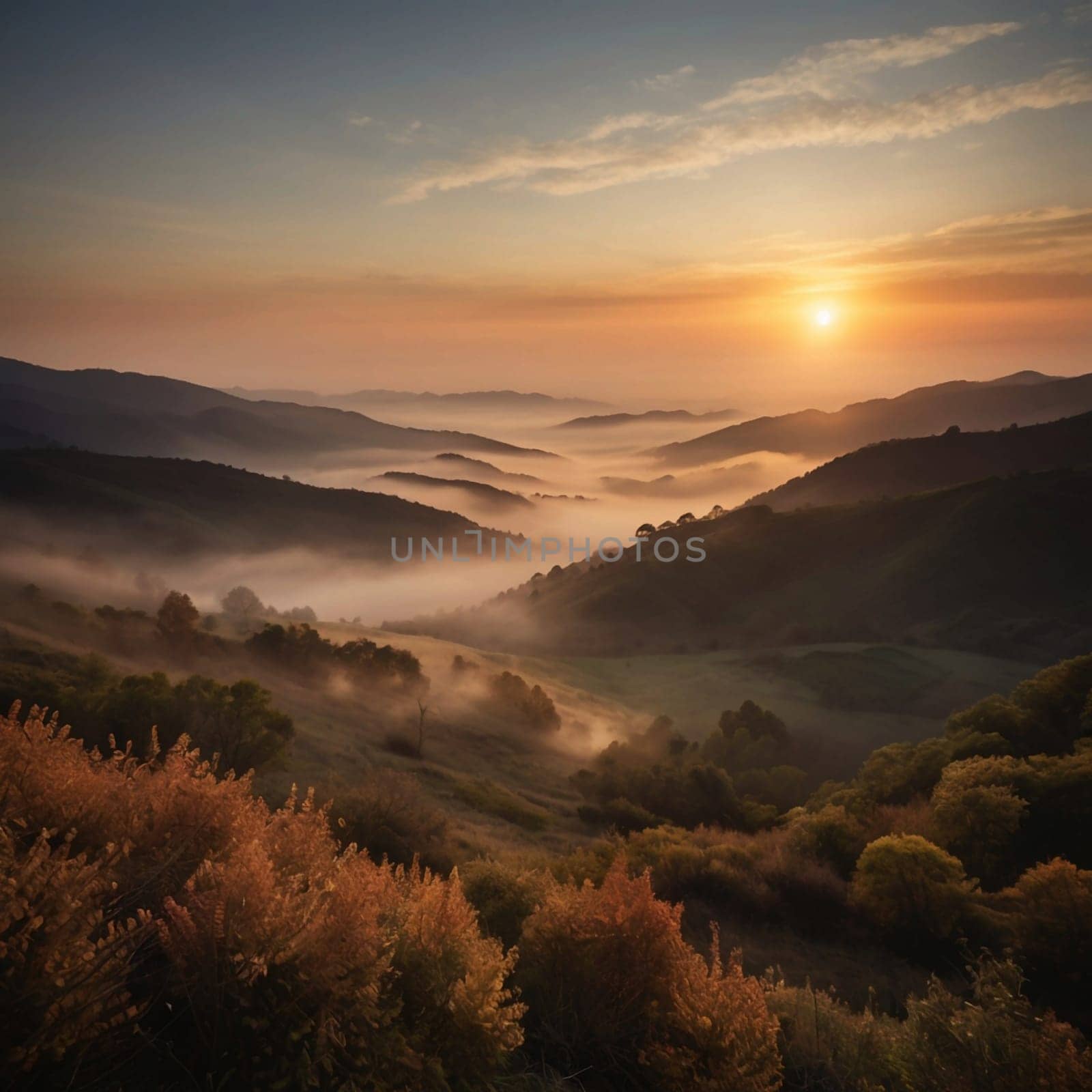 A panoramic view of rolling hills and valleys covered in morning mist, with a sunrise illuminating the scene. High quality AI-generated photo.