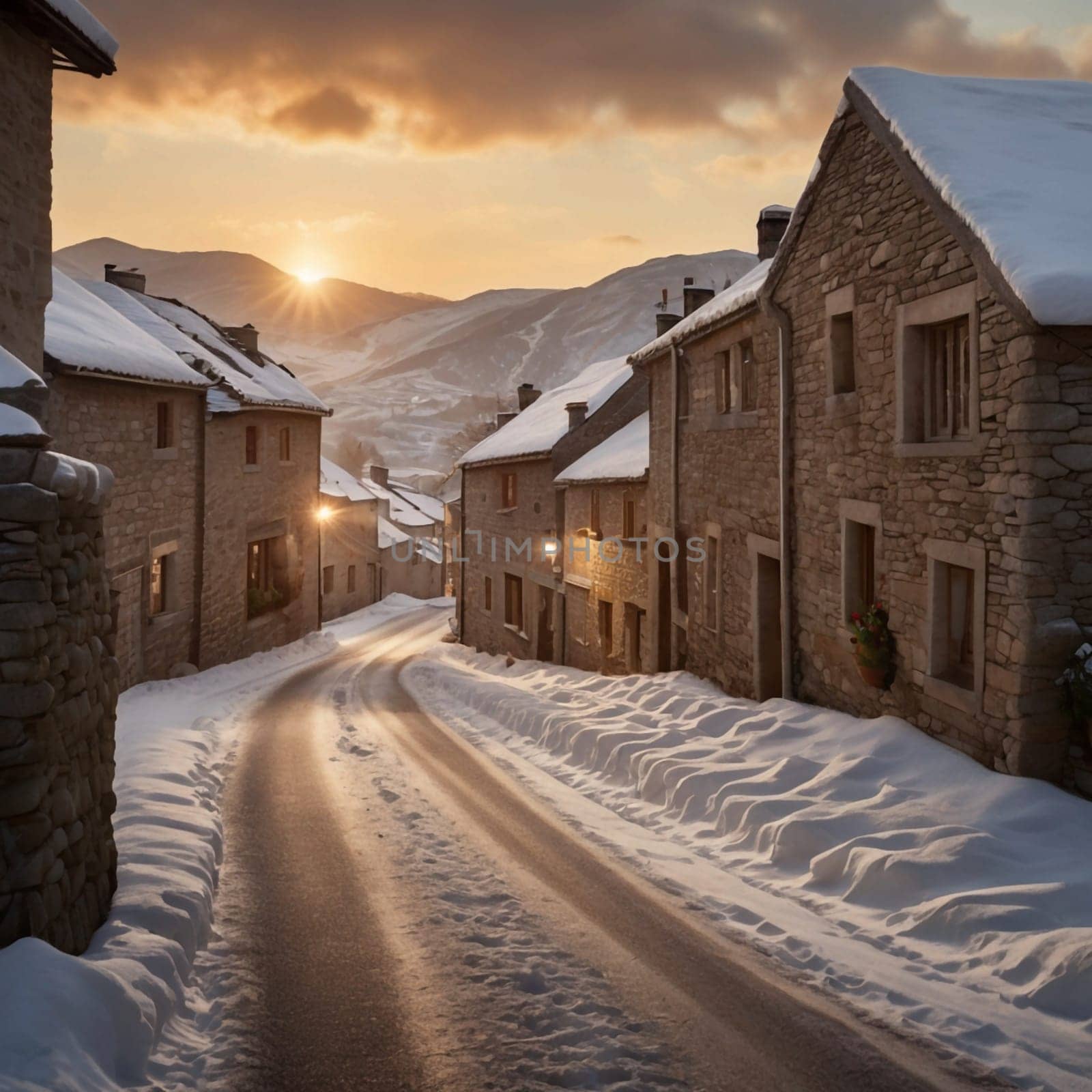 A winding road in a stone village covered in snow, with a setting sun casting a warm glow over the scene. High quality AI-generated photo.
