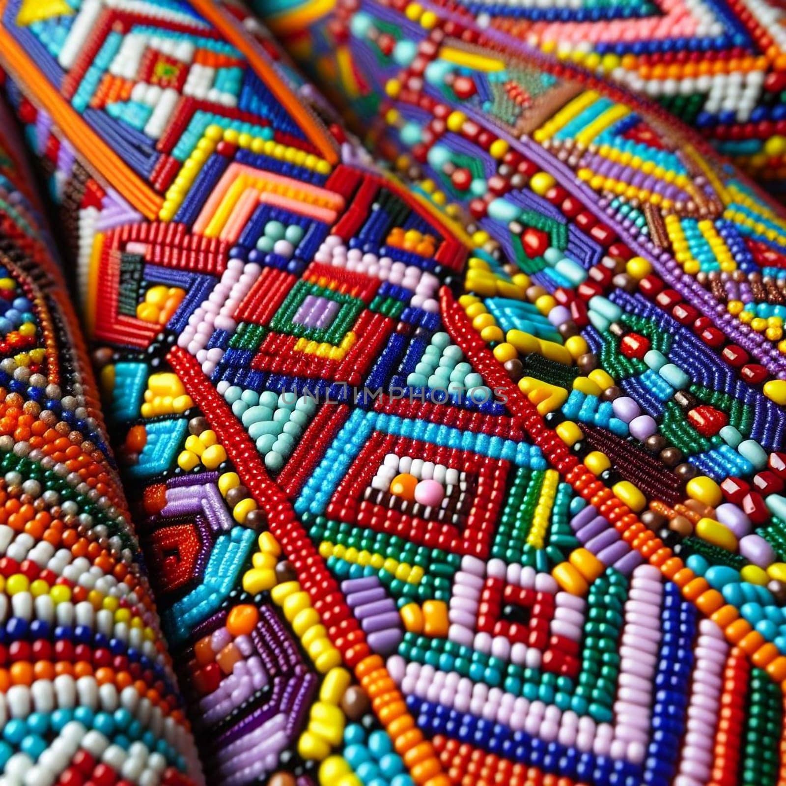A detailed close-up of a vibrant textile with intricate beadwork, showcasing a geometric pattern and rich colors. High quality AI-generated photo.