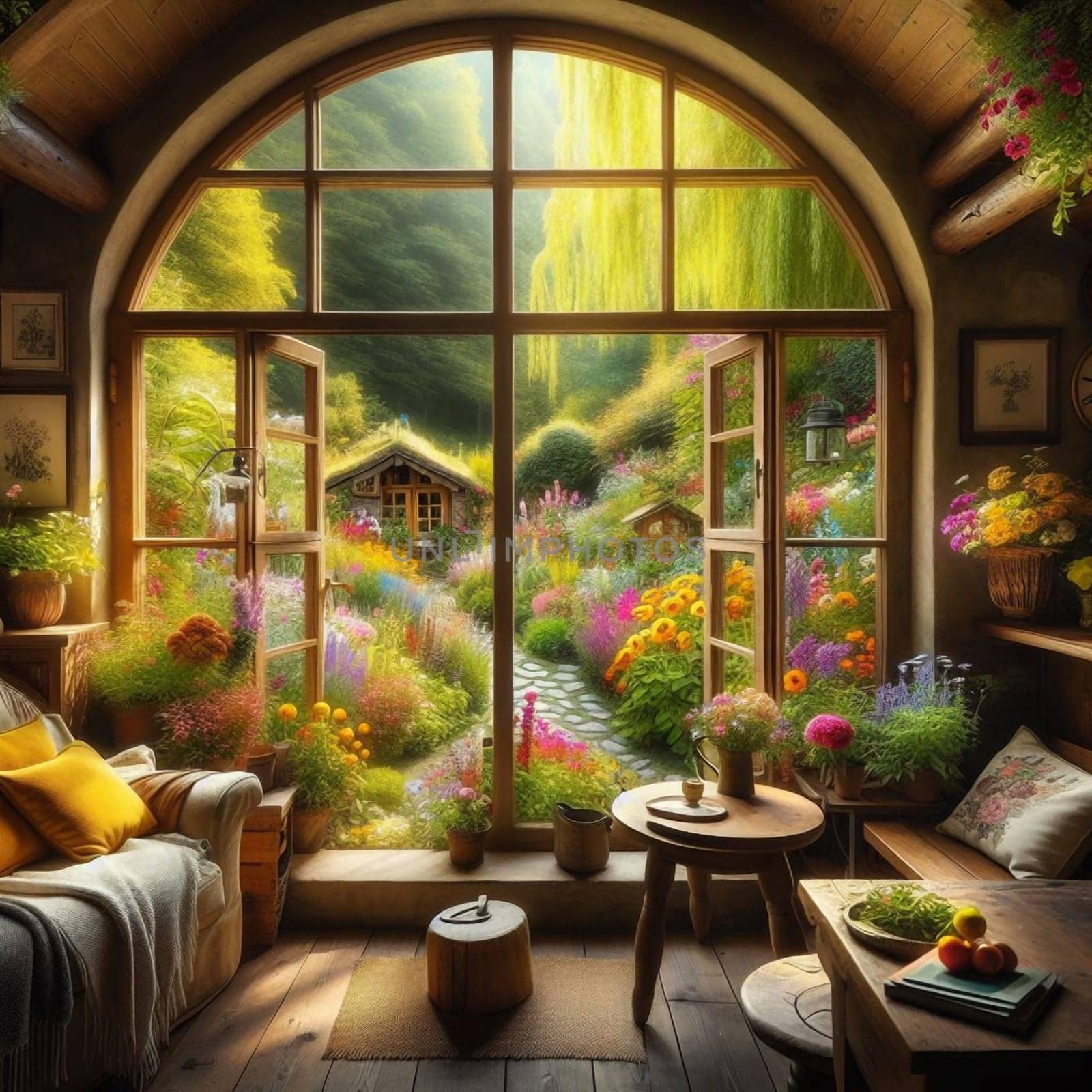 A cozy room with a large arched window offering a view of a vibrant garden, featuring a sofa, table, and various plants. High quality AI-generated photo.