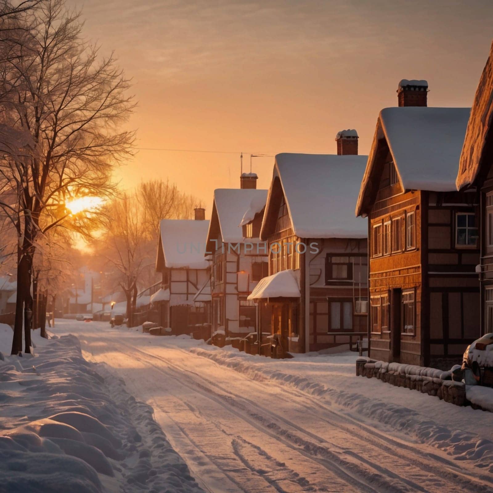 A street lined with snow-covered houses at sunrise, creating a picturesque winter scene. High quality AI-generated photo.