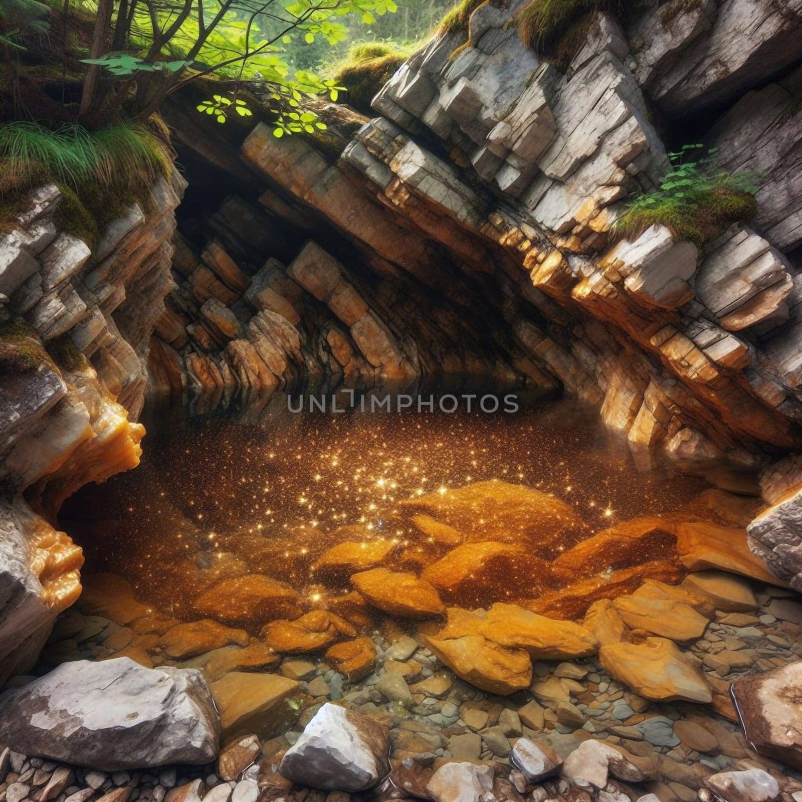 A magical-looking pool of water nestled within a rocky crevice, with golden sparkles illuminating the water. High quality AI-generated photo.