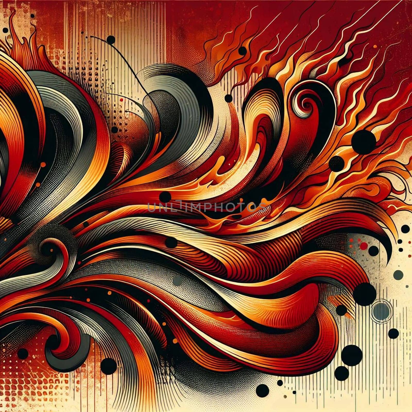 An abstract digital painting featuring swirling flames and ornate scrollwork, combining fiery energy with intricate details. High quality AI-generated photo.