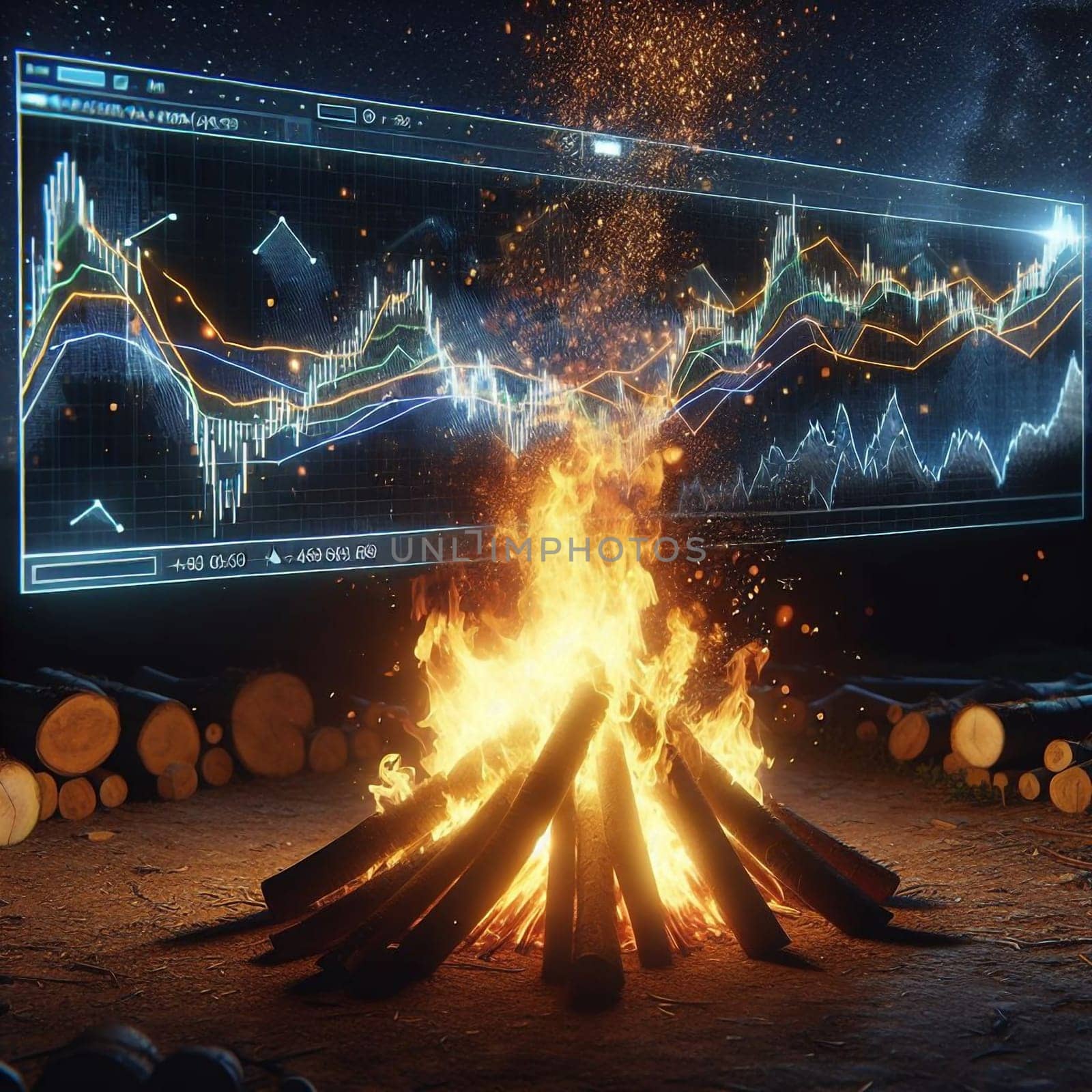 A surreal image of a campfire with a glowing digital stock market chart displayed above it, set against a dark, mountainous backdrop. High quality AI-generated photo.