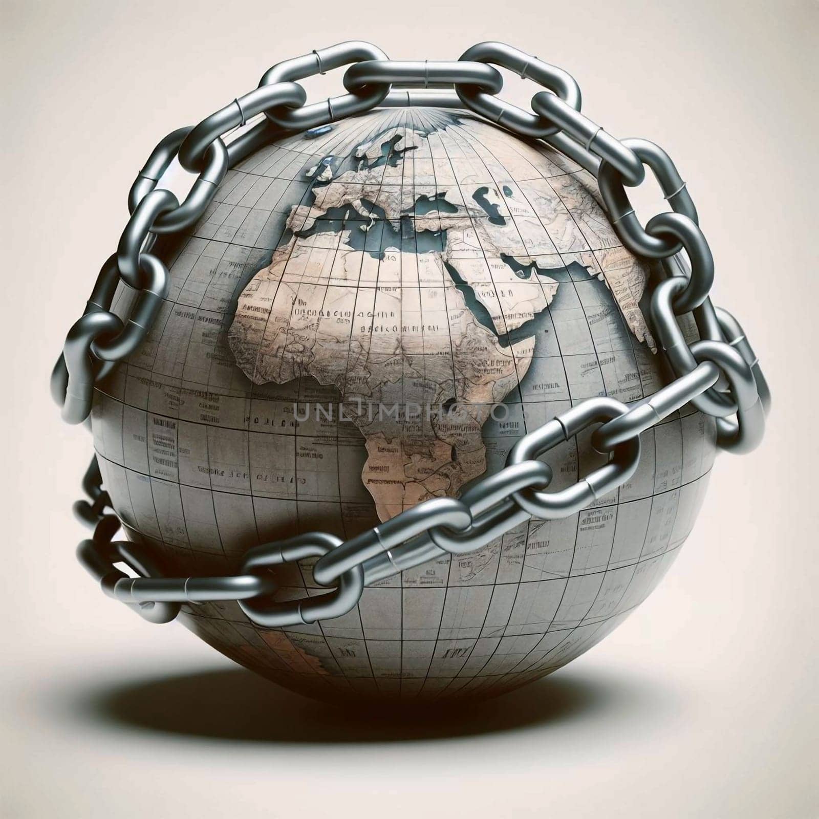 A vintage-style globe encircled by a heavy chain, symbolizing global constraints or interconnectedness. High quality AI-generated photo.
