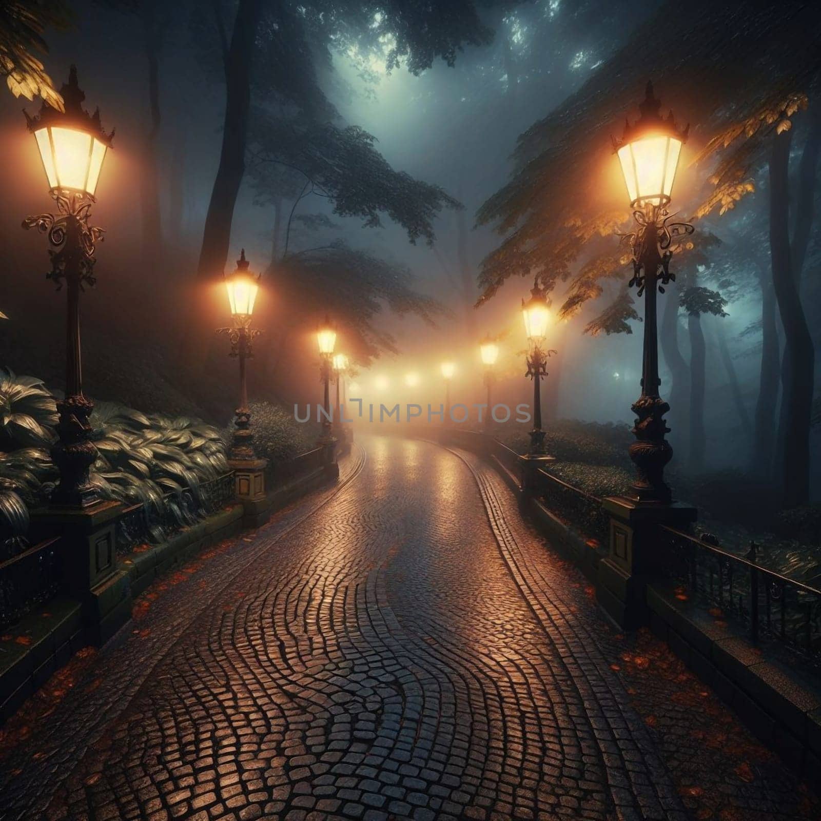A similar scene to the previous one, but in a park setting with a winding cobblestone path and foggy ambiance. High quality AI-generated photo.