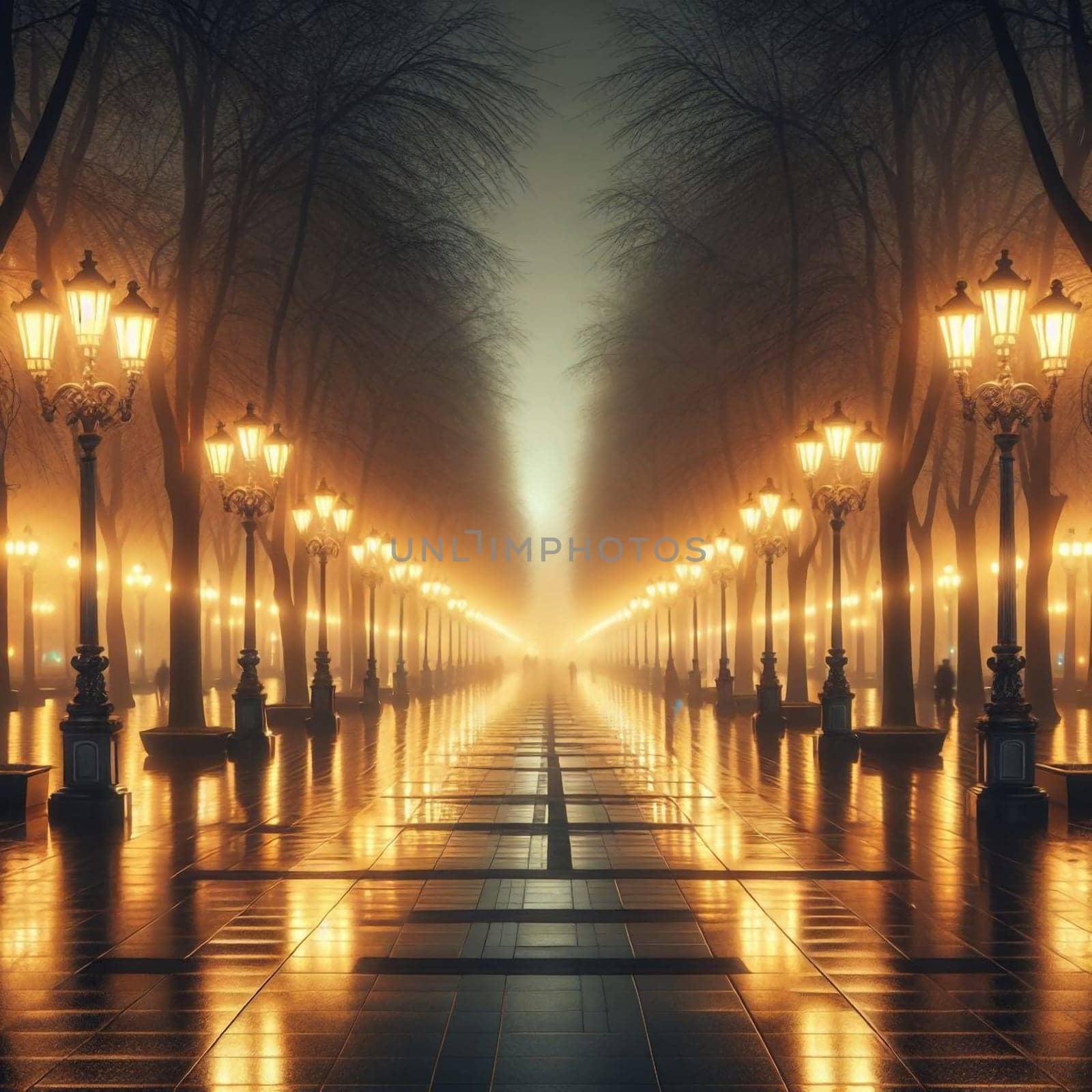 A long, tree-lined pathway at night, illuminated by vintage-style lampposts, creating a romantic and atmospheric scene. High quality AI-generated photo.