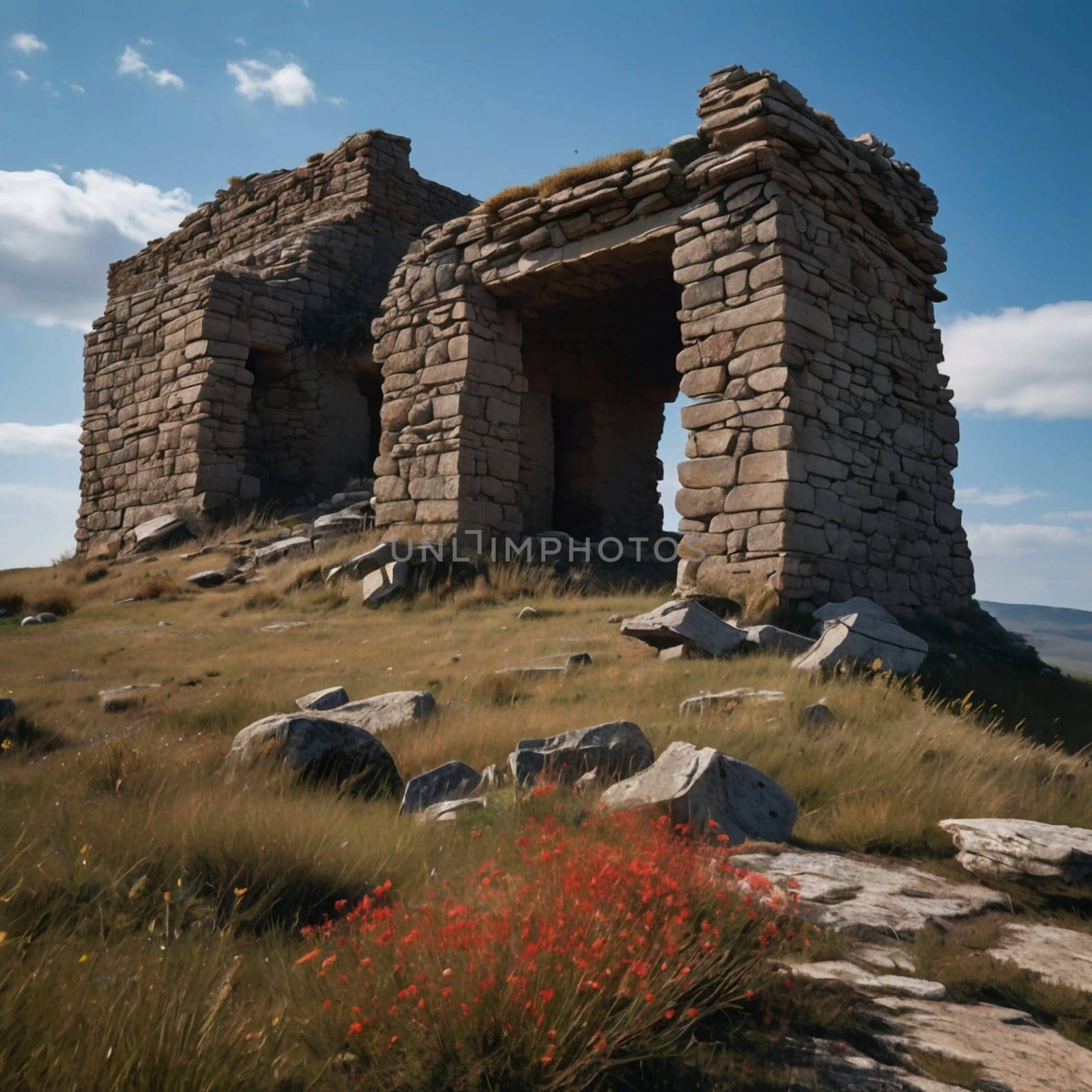 Ruins of an ancient stone structure atop a hill, with red wildflowers in the foreground. High quality AI-generated photo.