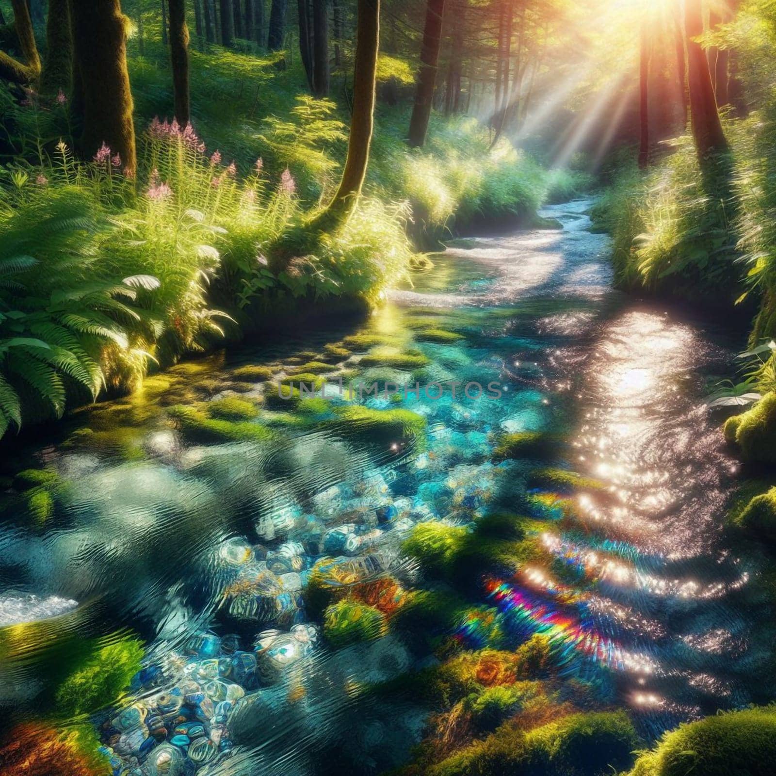 A crystal-clear stream flowing through a lush forest, with sunlight creating colorful reflections on the water's surface and mossy rocks. High quality AI-generated photo.